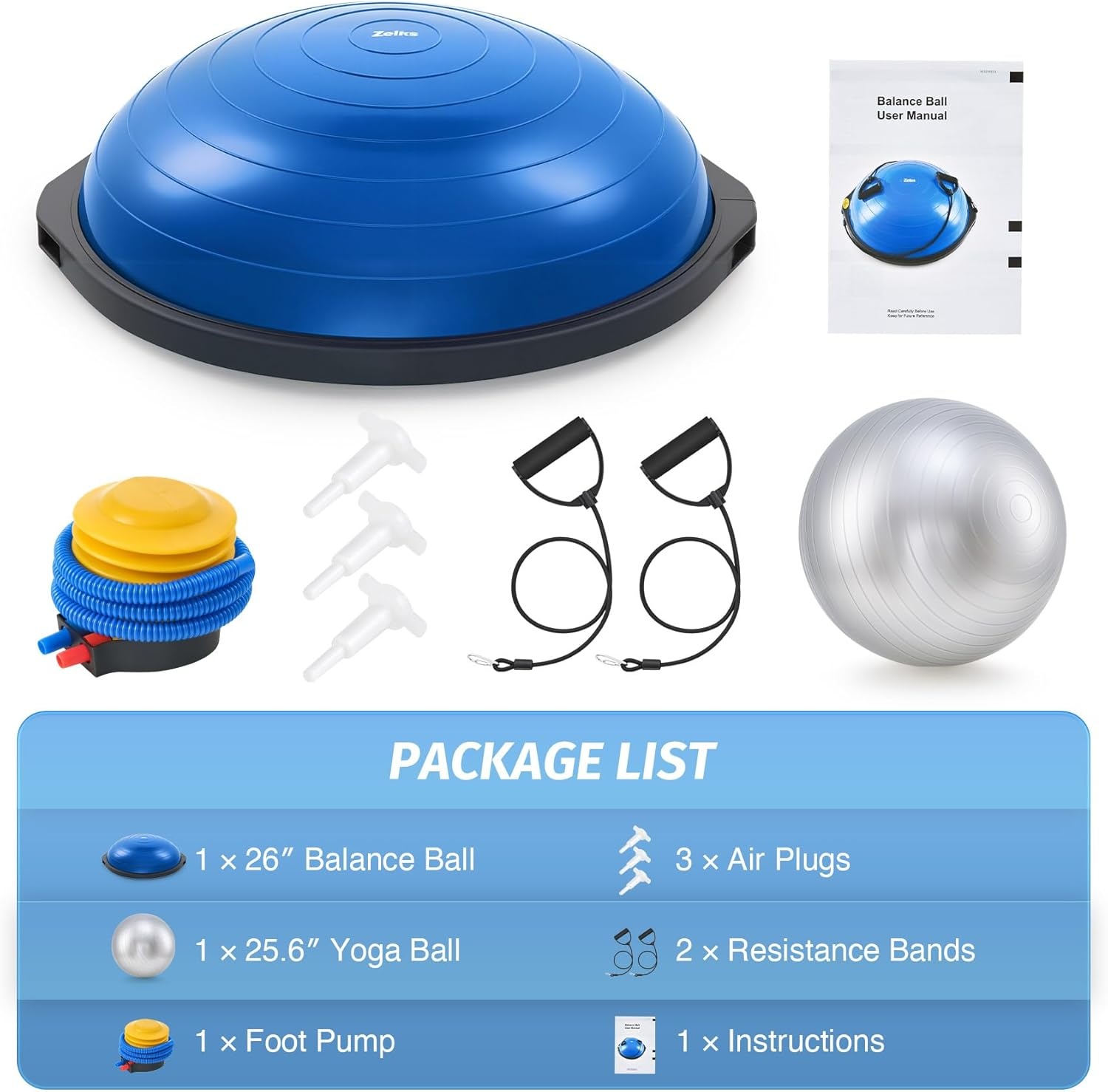 image:imageZELUS 25in Balance Ball 660lb Inflatable Half Exercise Ball Wobble Board Balance Trainer w Nonslip Base Half Yoga Ball Strength Training Equipment w 2 Bands Pump Extra Ball IncludedBlue