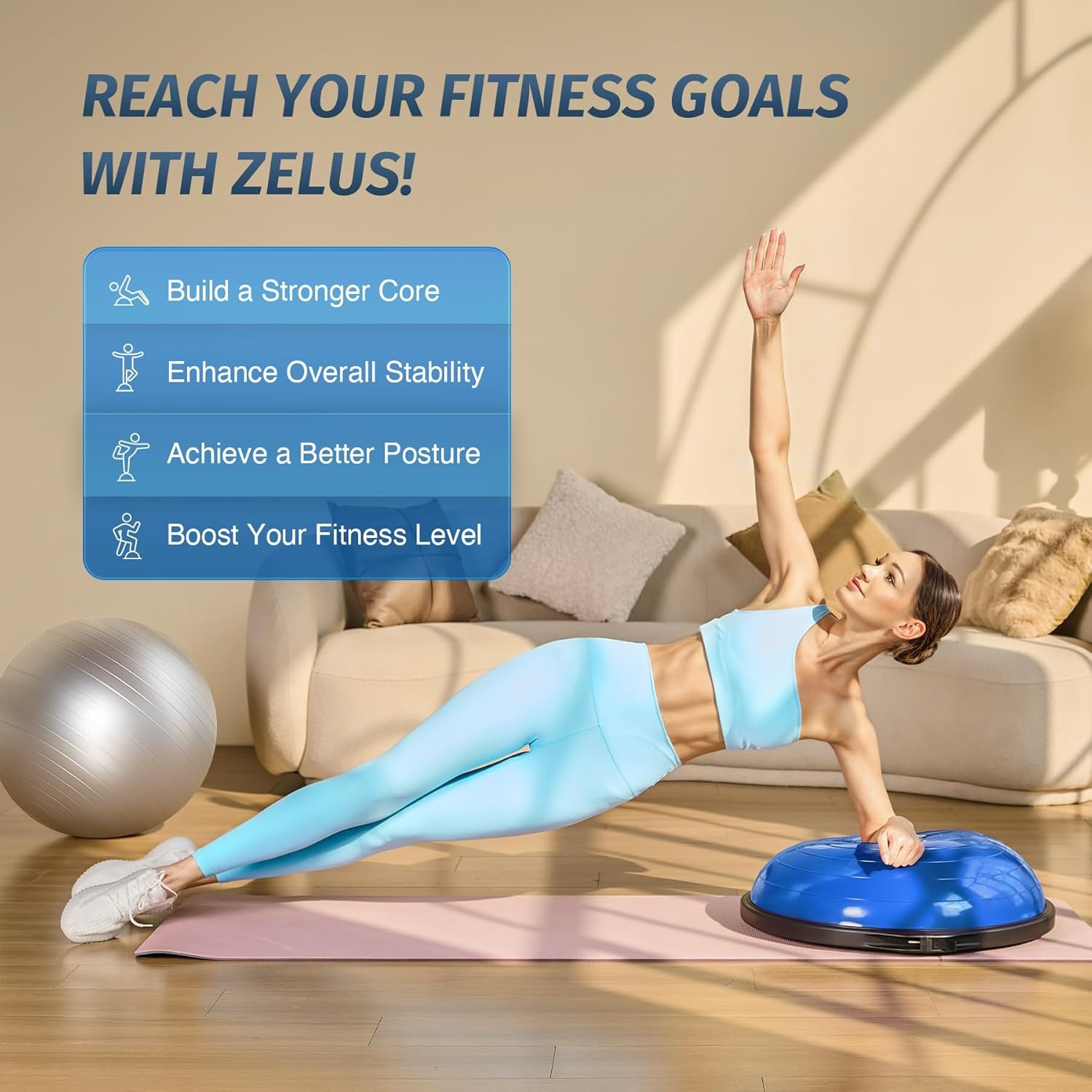 image:imageZELUS 25in Balance Ball 660lb Inflatable Half Exercise Ball Wobble Board Balance Trainer w Nonslip Base Half Yoga Ball Strength Training Equipment w 2 Bands Pump Extra Ball IncludedBlue