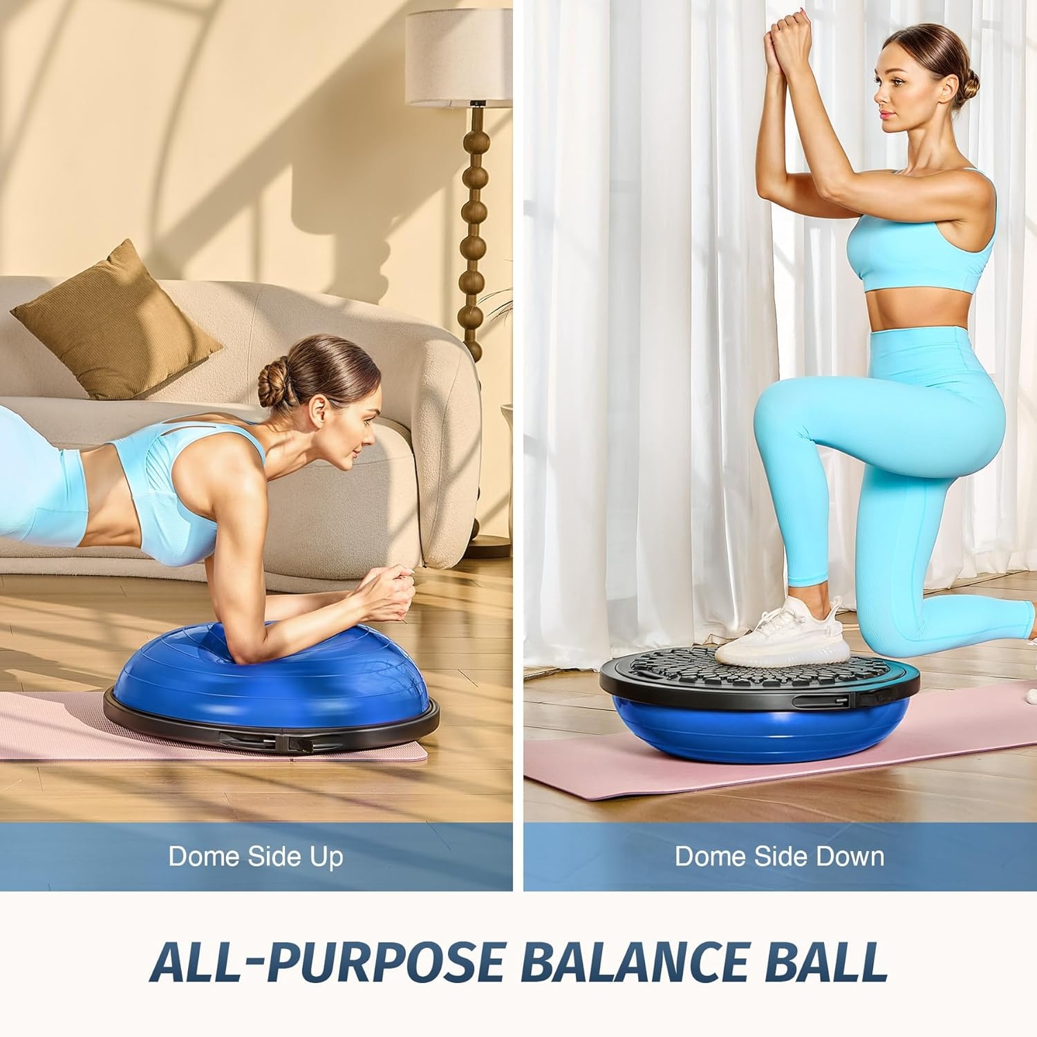 image:imageZELUS 25in Balance Ball 660lb Inflatable Half Exercise Ball Wobble Board Balance Trainer w Nonslip Base Half Yoga Ball Strength Training Equipment w 2 Bands Pump Extra Ball IncludedBlue