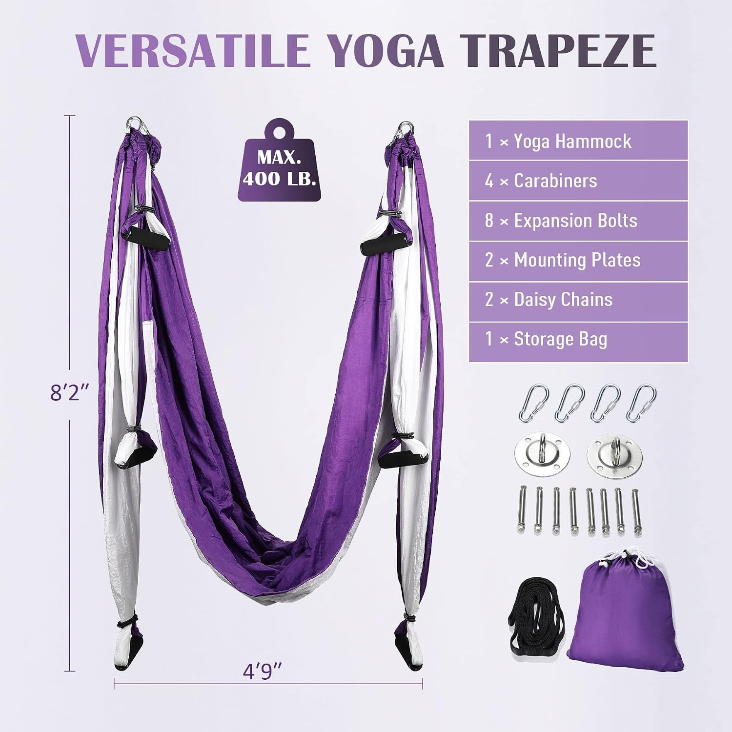 image:imageZELUS Aerial Yoga Swing Sling Strong Yoga Hammock Kit Set Trapeze Inversion Equipment Include 2 Extensions Straps and Ceiling Mounting KitPurple