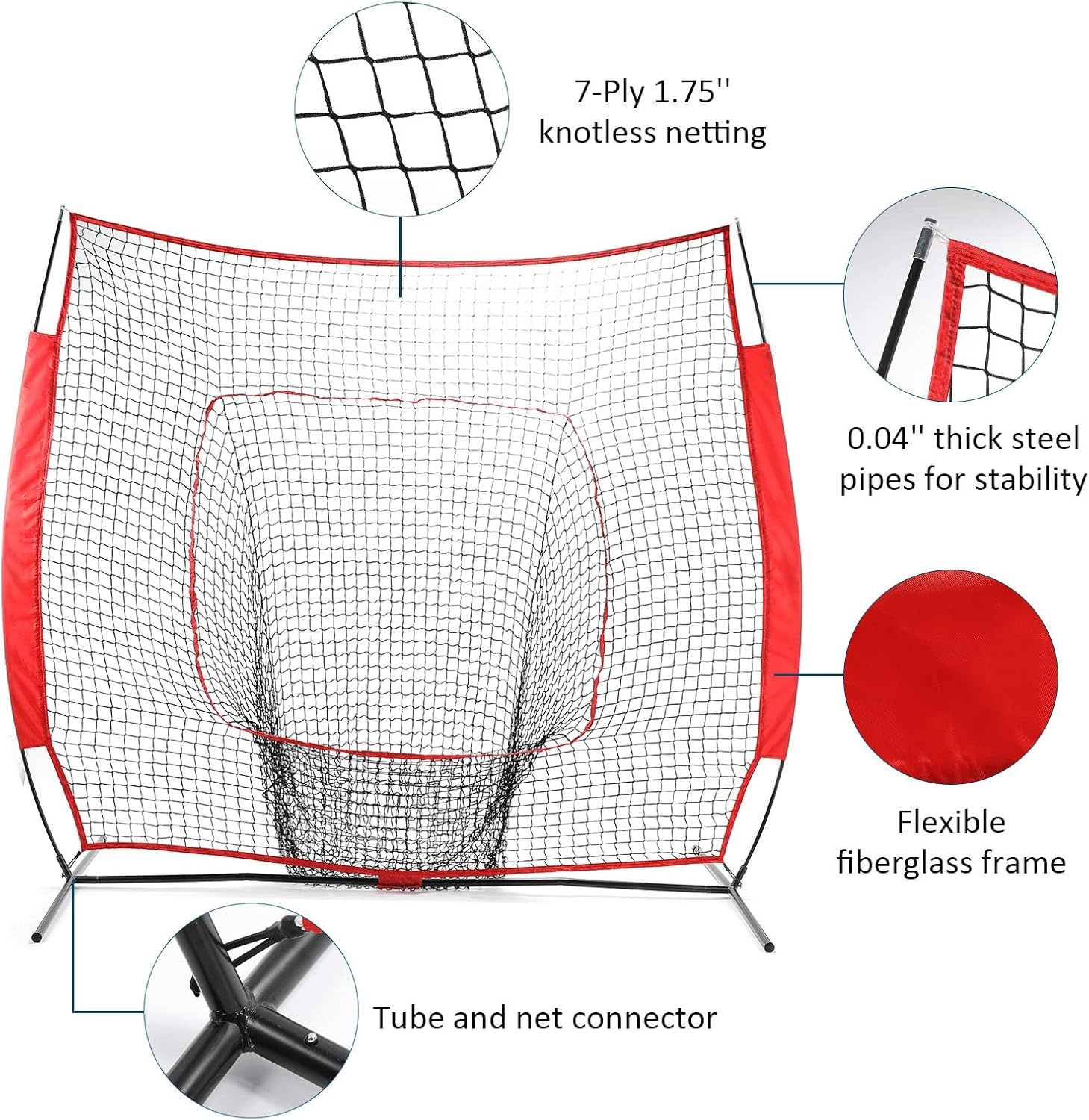 image:imageZELUS Baseball Net 7 ft x7 ft Softball Hitting amp Pitching with Carry Bag Ground Stakes Portable Backstop amp Bow Frame Training Equipment for All AgesRED