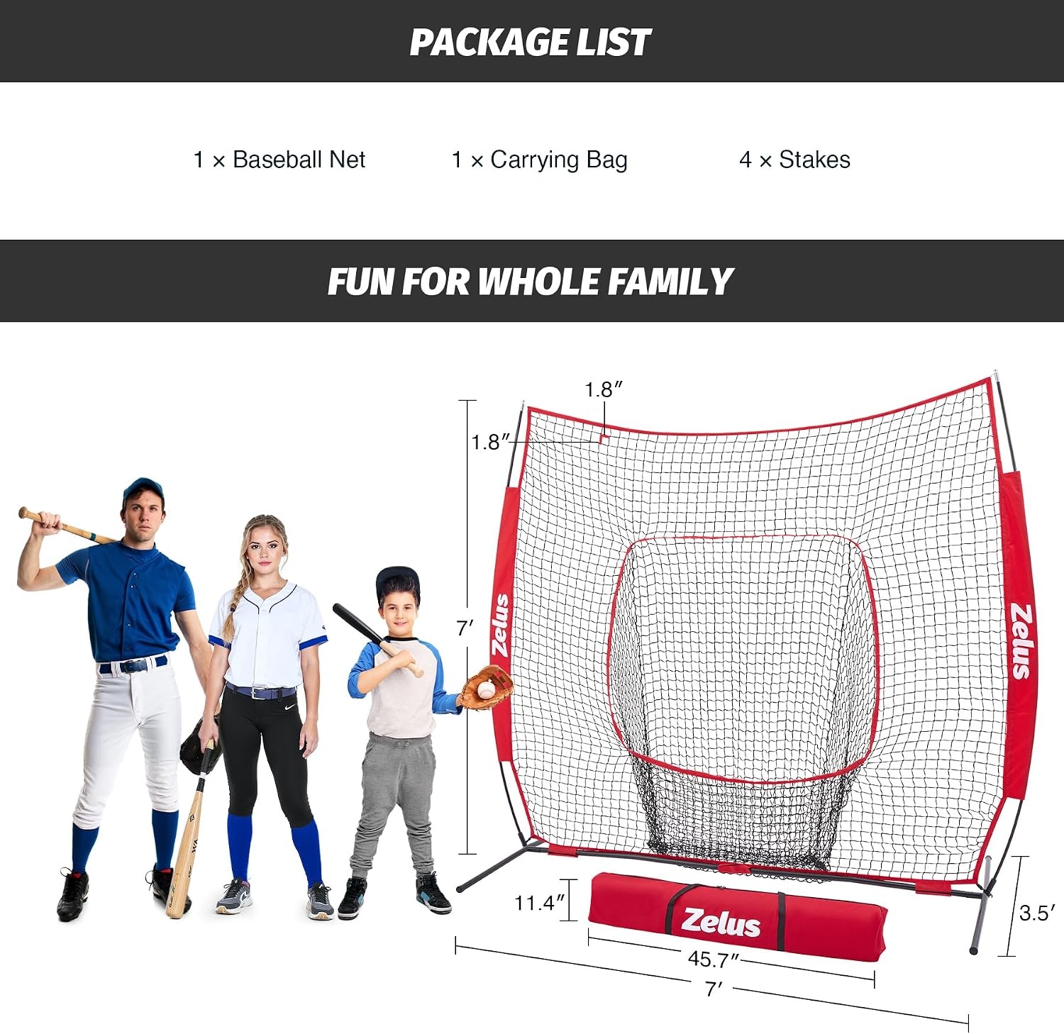 image:imageZELUS Baseball Net 7 ft x7 ft Softball Hitting amp Pitching with Carry Bag Ground Stakes Portable Backstop amp Bow Frame Training Equipment for All AgesRED