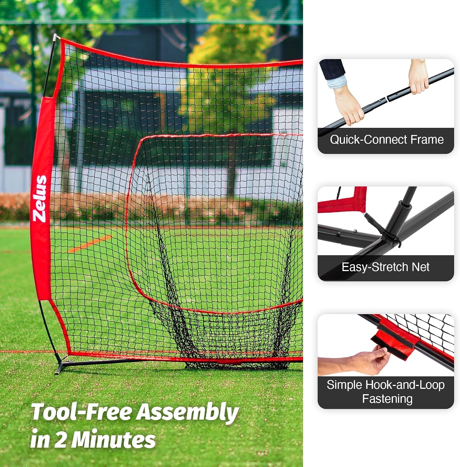 image:imageZELUS Baseball Net 7 ft x7 ft Softball Hitting amp Pitching with Carry Bag Ground Stakes Portable Backstop amp Bow Frame Training Equipment for All AgesRED