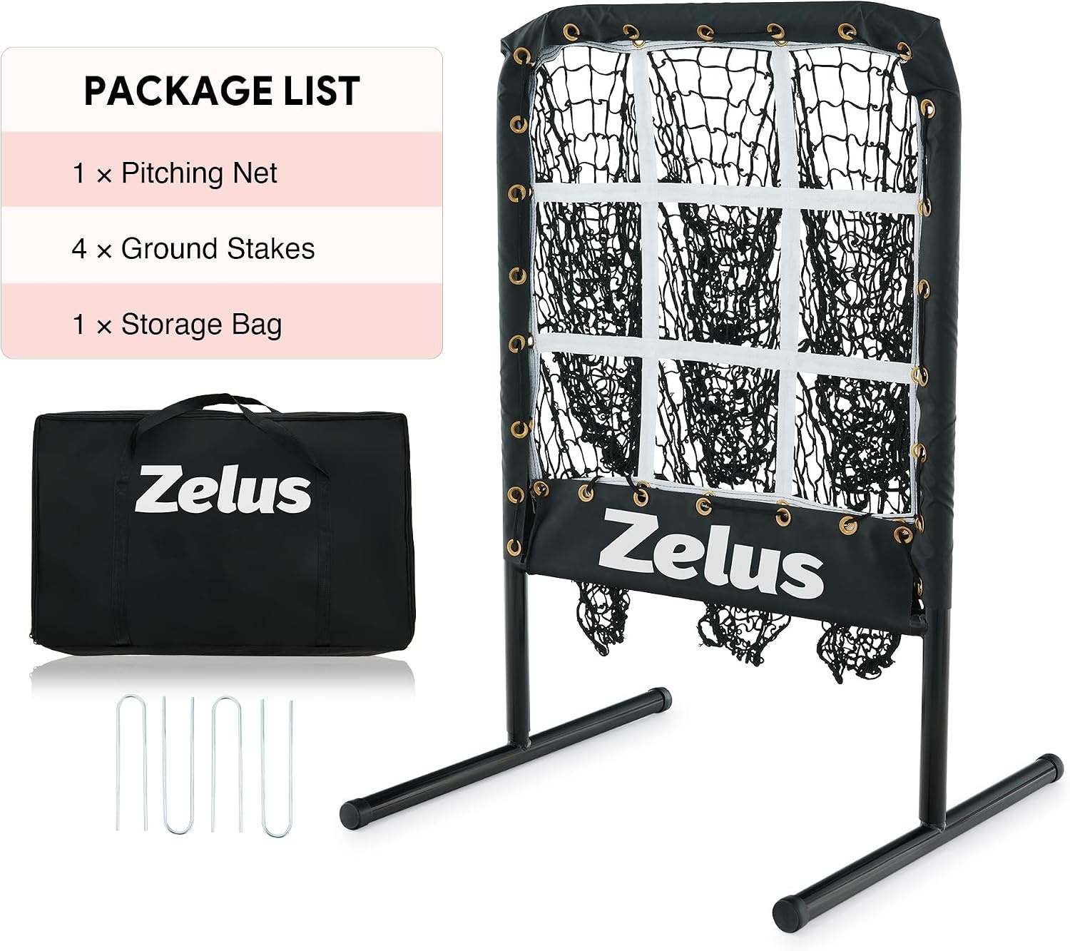 image:imageZELUS Baseball Net with Target Pockets Pitching Net with Strike Zone Portable Pitcher Trainer Net Height Adjustable Softball Baseball Training Equipment for Hitting and Pitching