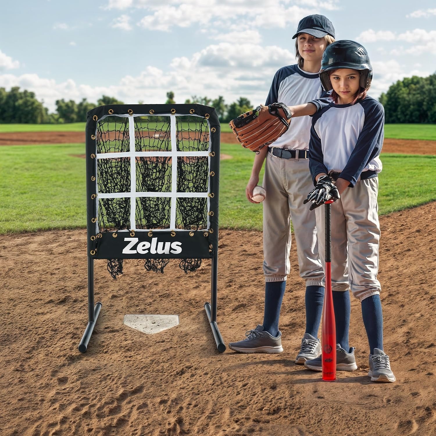 image:imageZELUS Baseball Net with Target Pockets Pitching Net with Strike Zone Portable Pitcher Trainer Net Height Adjustable Softball Baseball Training Equipment for Hitting and Pitching