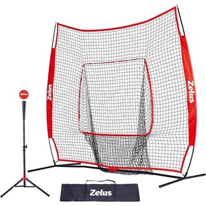 ZELUS 7x7ft Baseball Net, Baseball Softball Practice Net with Tee, Baseballs and Carry Bag for Batting Hitting and Pitching(Net and tee-Red)