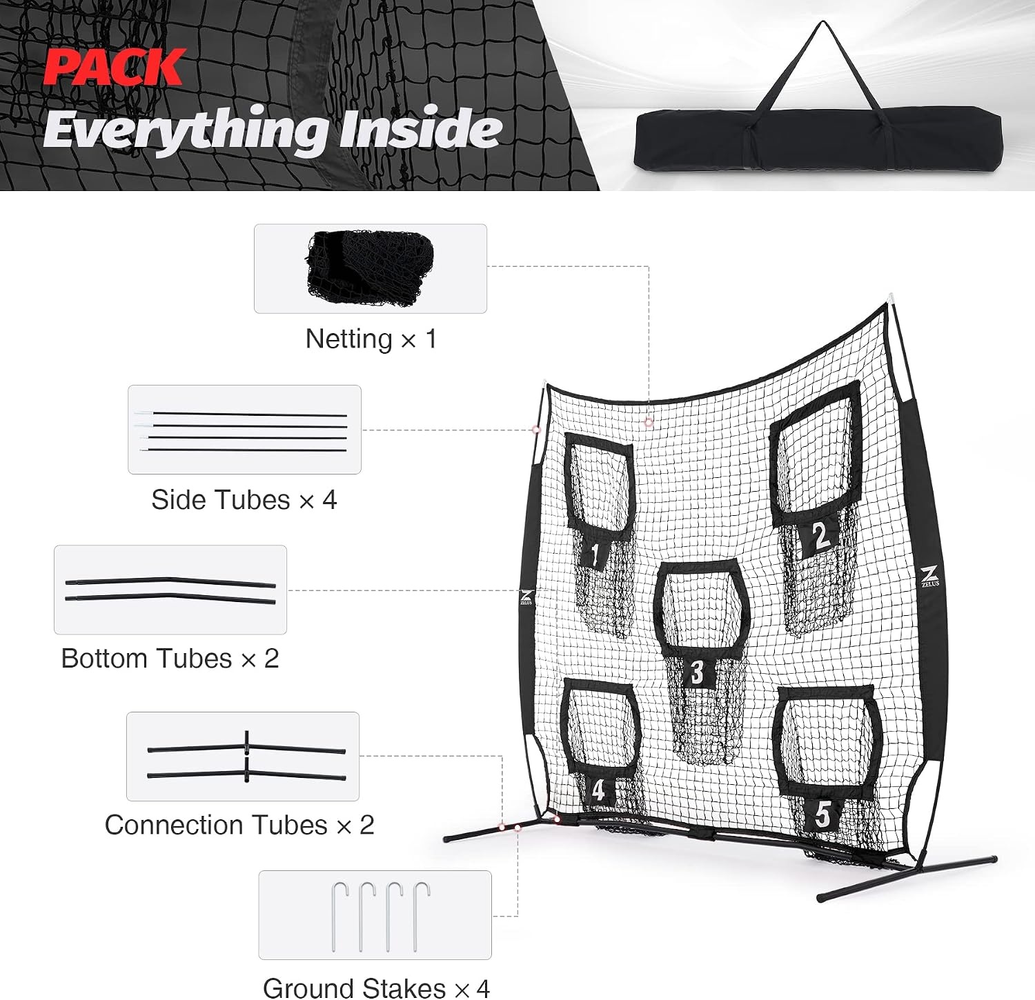image:imageZELUS 7 x 7ft Football Trainer Throwing Net Training Target Practice with 5 Targets Great for Quarterback Includes Carry BagBlack