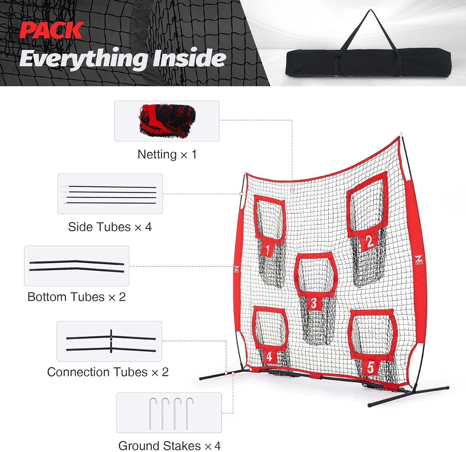 image:imageZELUS 7 x 7ft Football Trainer Throwing Net Training Target Practice with 5 Targets Great for Quarterback Includes Carry BagRed