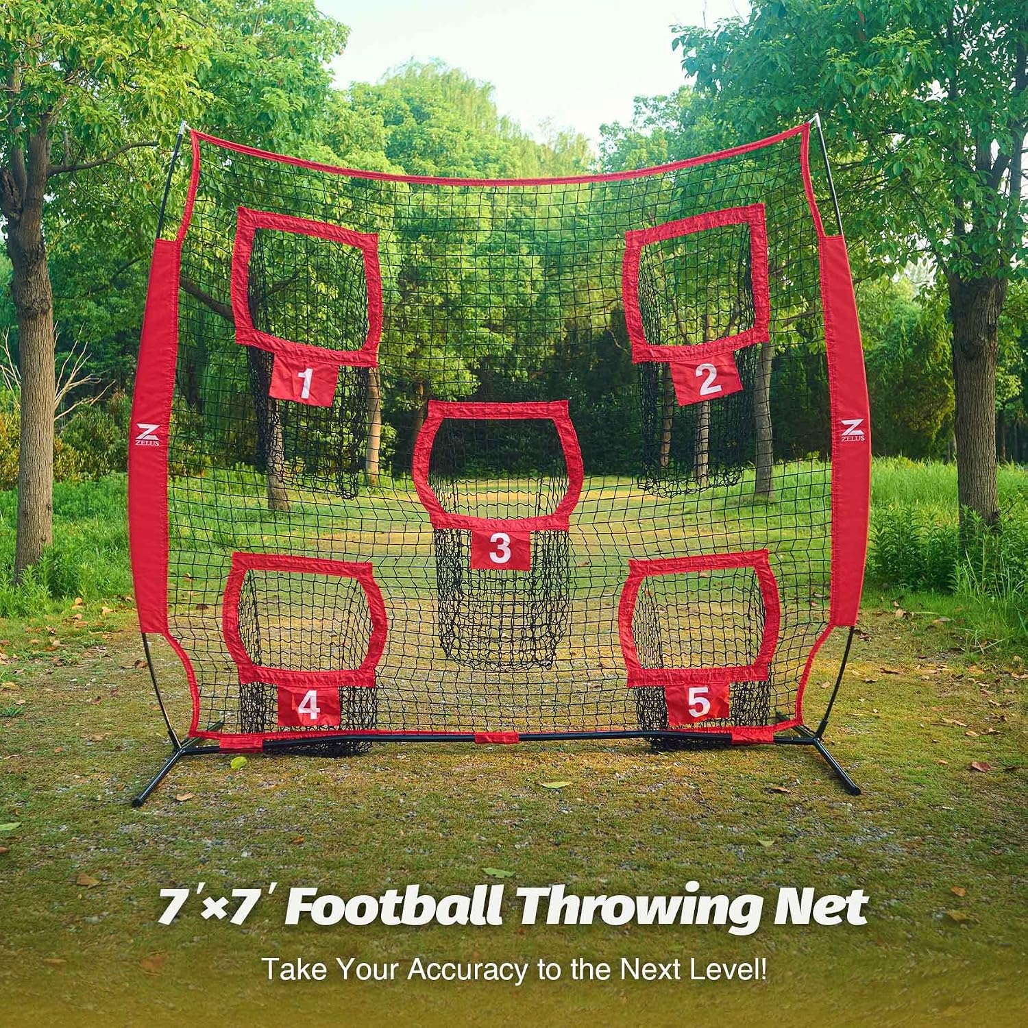 image:imageZELUS 7 x 7ft Football Trainer Throwing Net Training Target Practice with 5 Targets Great for Quarterback Includes Carry BagRed