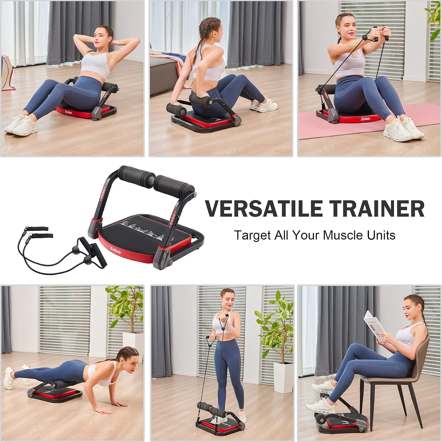 image:imageZELUS Ab Machine with Resistance Bands for Home Gym 2 in 1 Ab Workout Equipment with Rebound Assist 4 Intensities Core Strength Trainer Whole Body Exercise Fitness Equipment for Home WorkoutsRed