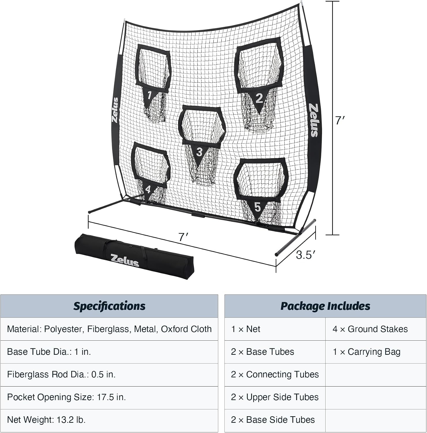 image:imageZELUS Football Throwing Net Quarterback Training Equipment with 5 Target Pockets Football Practice Throwing Passing Accuracy Trainer with Carry Bag Ground Stakes for Kids AdultsBlack