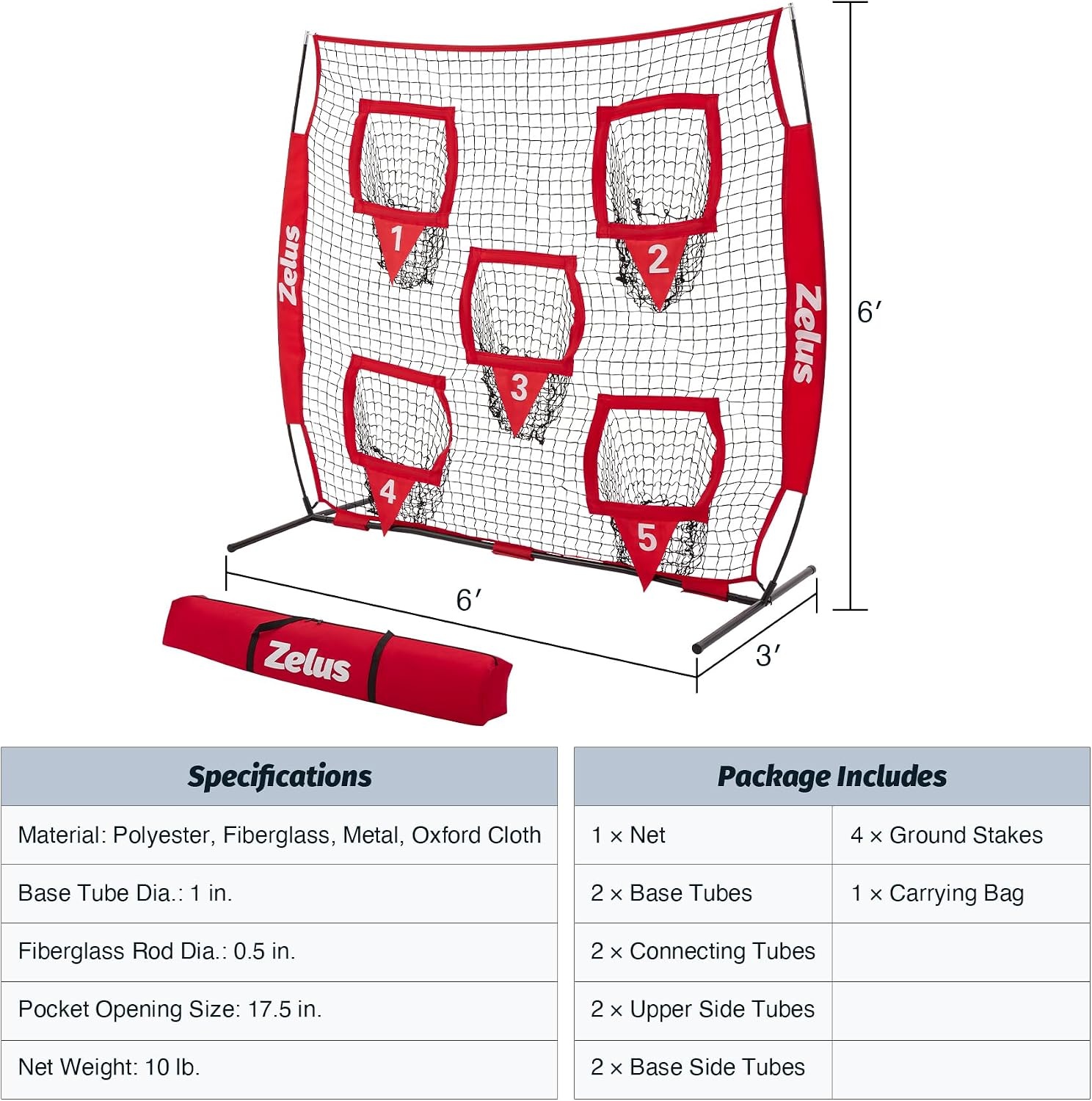 image:imageZELUS Football Throwing Net Quarterback Training Equipment with 5 Target Pockets Football Practice Throwing Passing Accuracy Trainer with Carry Bag Ground Stakes for Kids AdultsRed