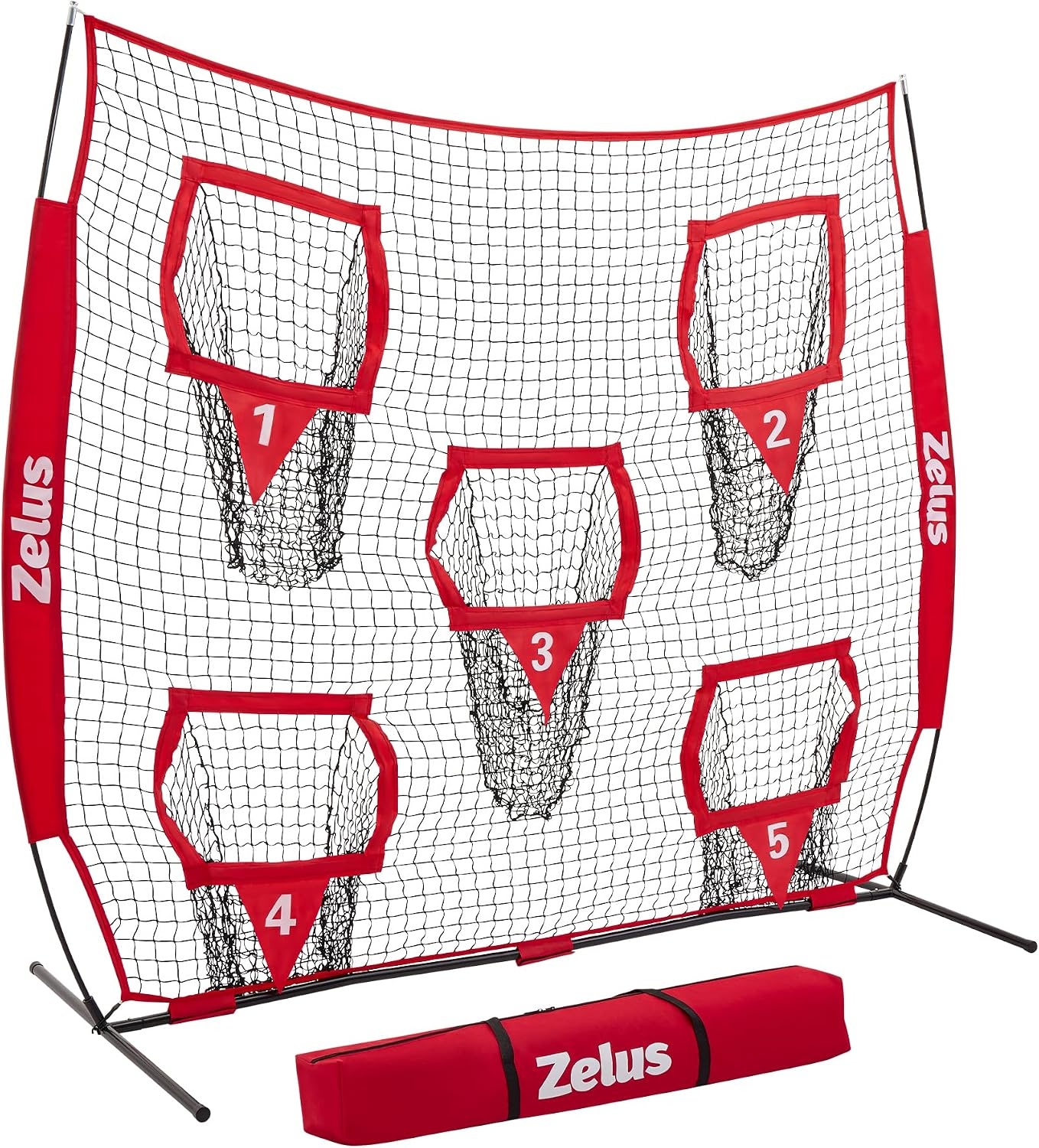 image:imageZELUS Football Throwing Net Quarterback Training Equipment with 5 Target Pockets Football Practice Throwing Passing Accuracy Trainer with Carry Bag Ground Stakes for Kids AdultsRed