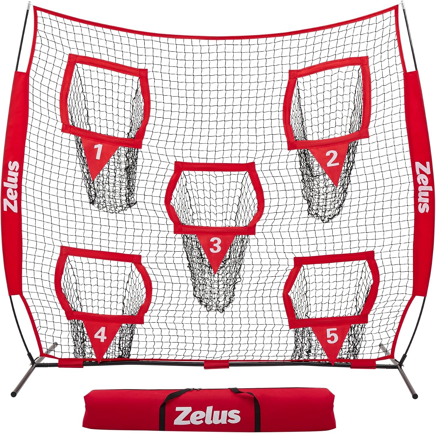 image:imageZELUS Football Throwing Net Quarterback Training Equipment with 5 Target Pockets Football Practice Throwing Passing Accuracy Trainer with Carry Bag Ground Stakes for Kids AdultsRed