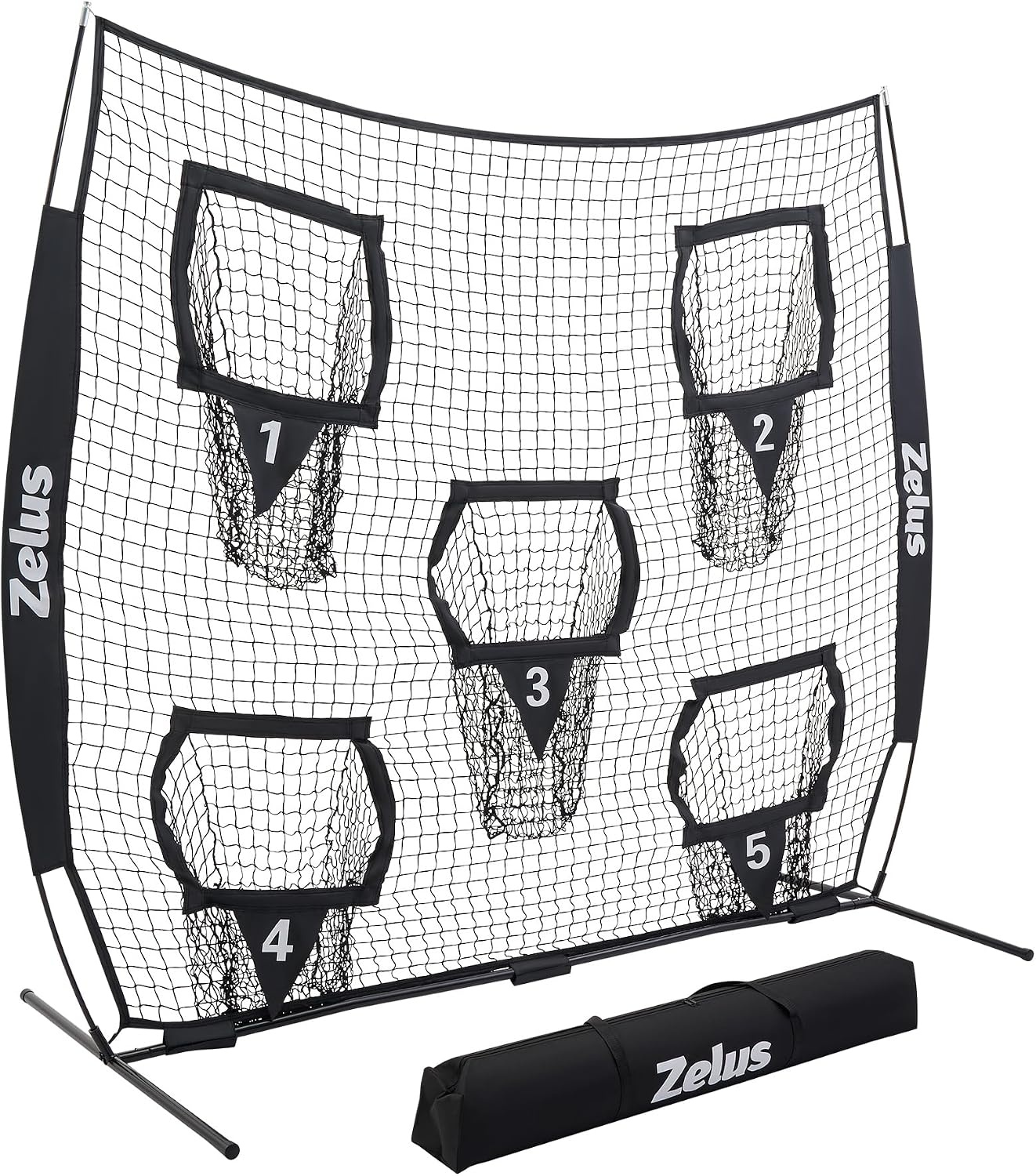 image:imageZELUS Football Throwing Net Quarterback Training Equipment with 5 Target Pockets Football Practice Throwing Passing Accuracy Trainer with Carry Bag Ground Stakes for Kids AdultsBlack