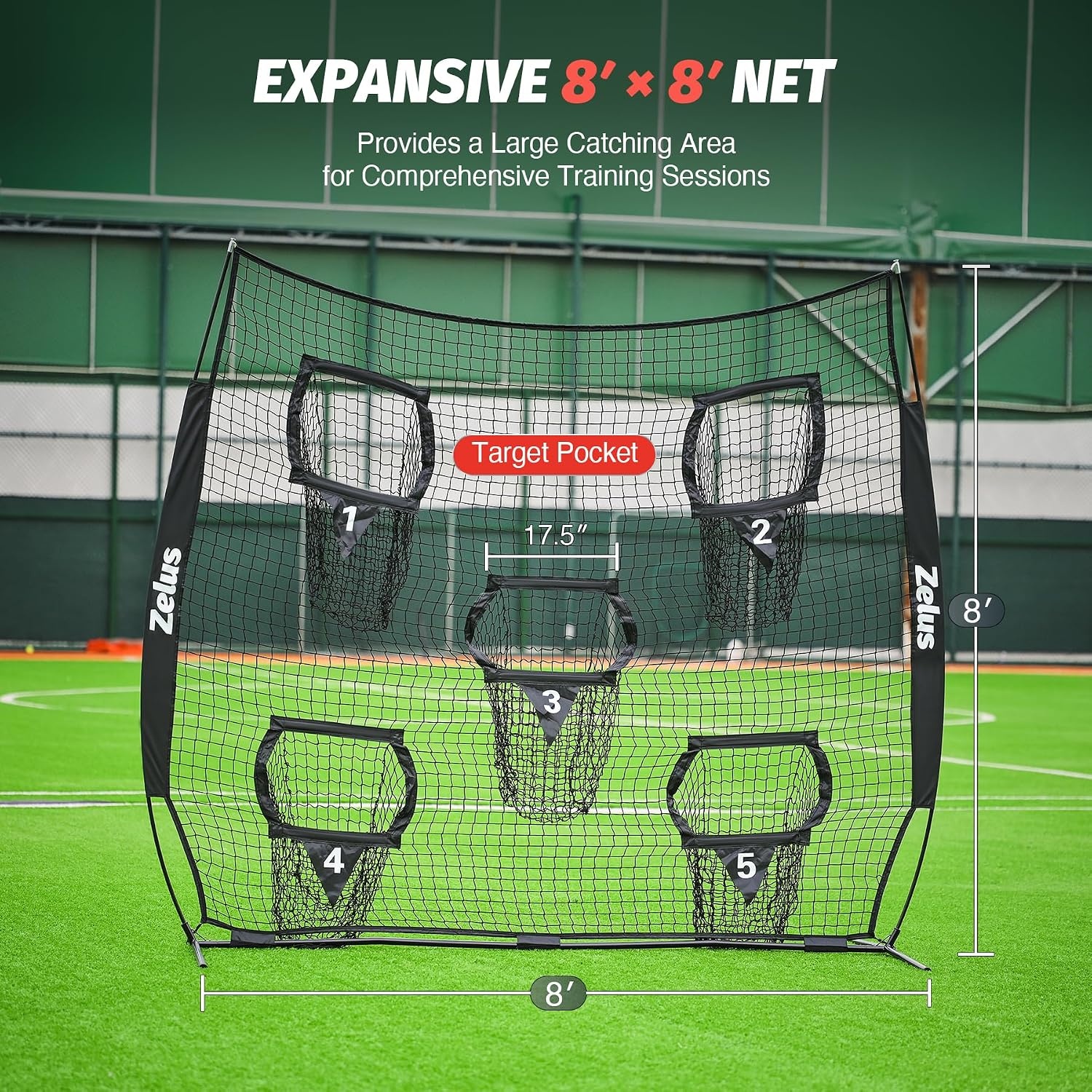 image:imageZELUS Football Throwing Net Quarterback Training Equipment with 5 Target Pockets Football Practice Throwing Passing Accuracy Trainer with Carry Bag Ground Stakes for Kids AdultsBlack