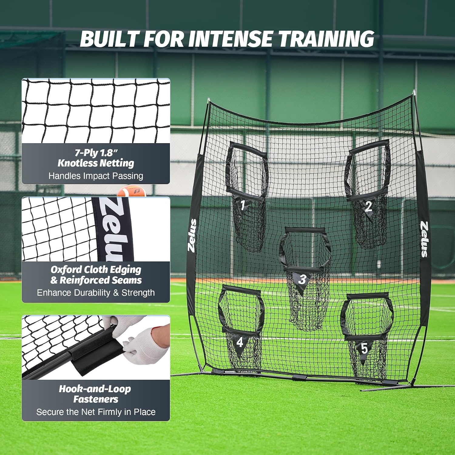 image:imageZELUS Football Throwing Net Quarterback Training Equipment with 5 Target Pockets Football Practice Throwing Passing Accuracy Trainer with Carry Bag Ground Stakes for Kids AdultsBlack