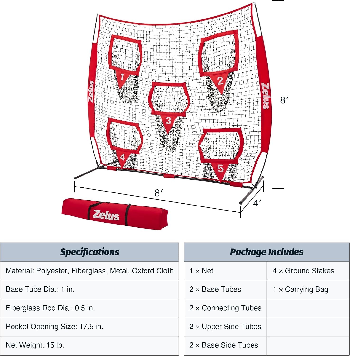 image:imageZELUS Football Throwing Net Quarterback Training Equipment with 5 Target Pockets Football Practice Throwing Passing Accuracy Trainer with Carry Bag Ground Stakes for Kids AdultsRed