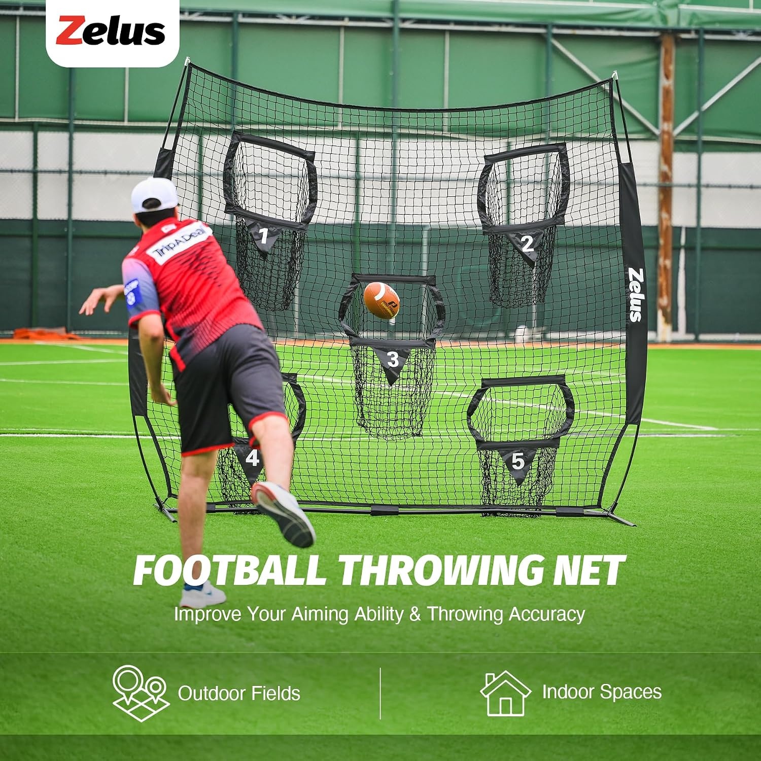 image:imageZELUS Football Throwing Net Quarterback Training Equipment with 5 Target Pockets Football Practice Throwing Passing Accuracy Trainer with Carry Bag Ground Stakes for Kids AdultsBlack
