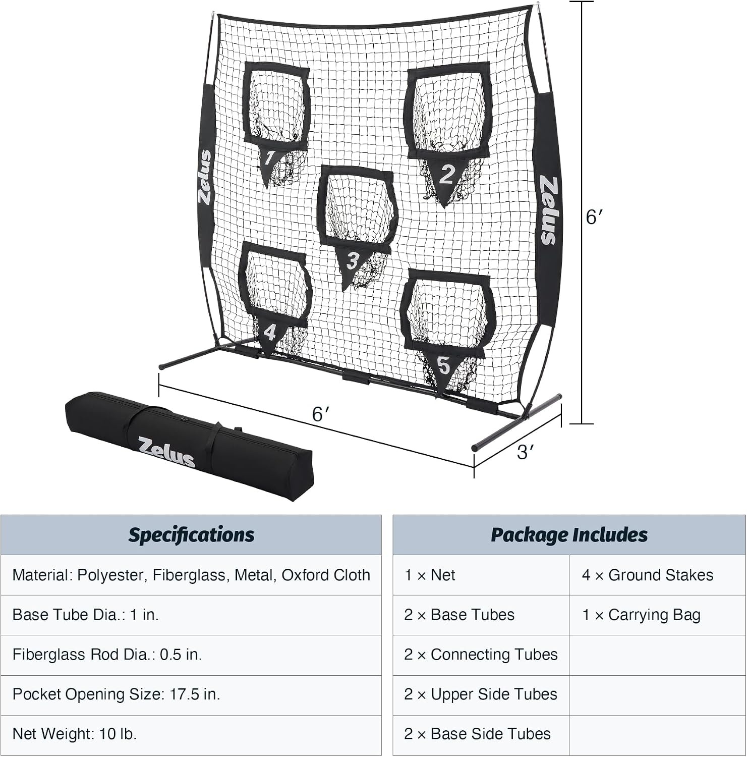 image:imageZELUS Football Throwing Net Quarterback Training Equipment with 5 Target Pockets Football Practice Throwing Passing Accuracy Trainer with Carry Bag Ground Stakes for Kids AdultsBlack
