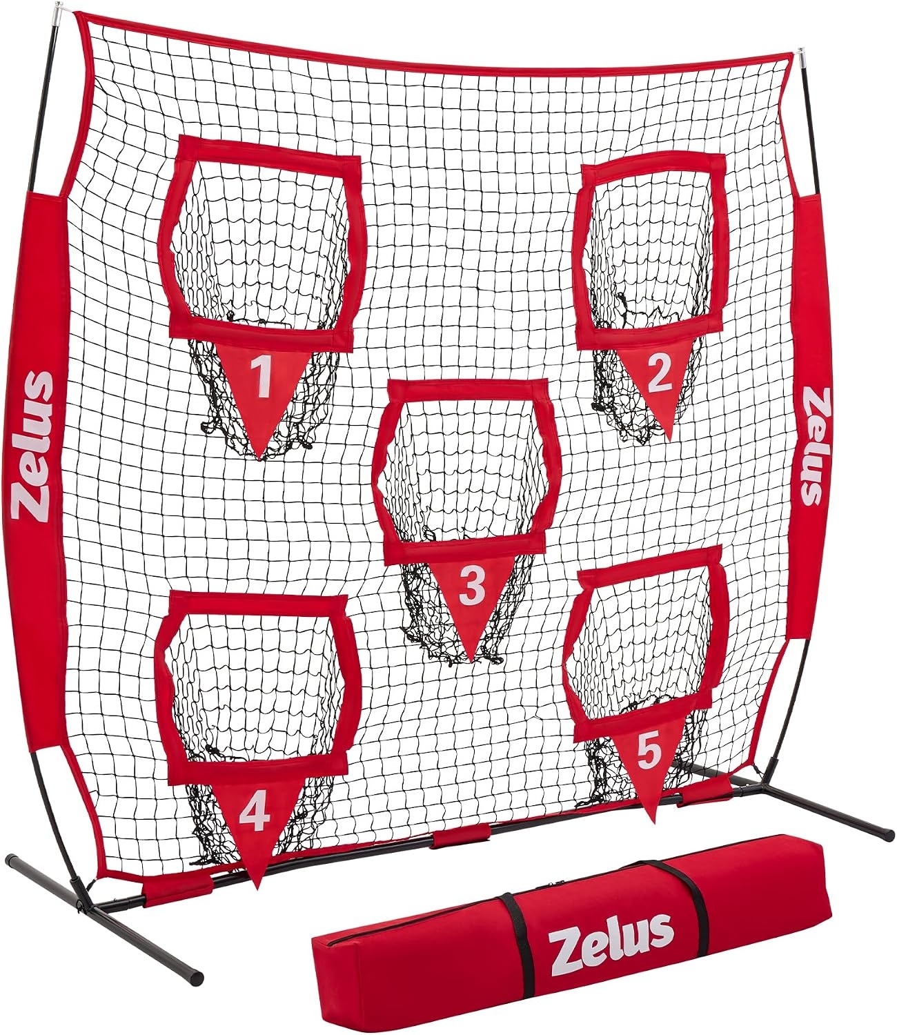 image:imageZELUS Football Throwing Net Quarterback Training Equipment with 5 Target Pockets Football Practice Throwing Passing Accuracy Trainer with Carry Bag Ground Stakes for Kids AdultsRed