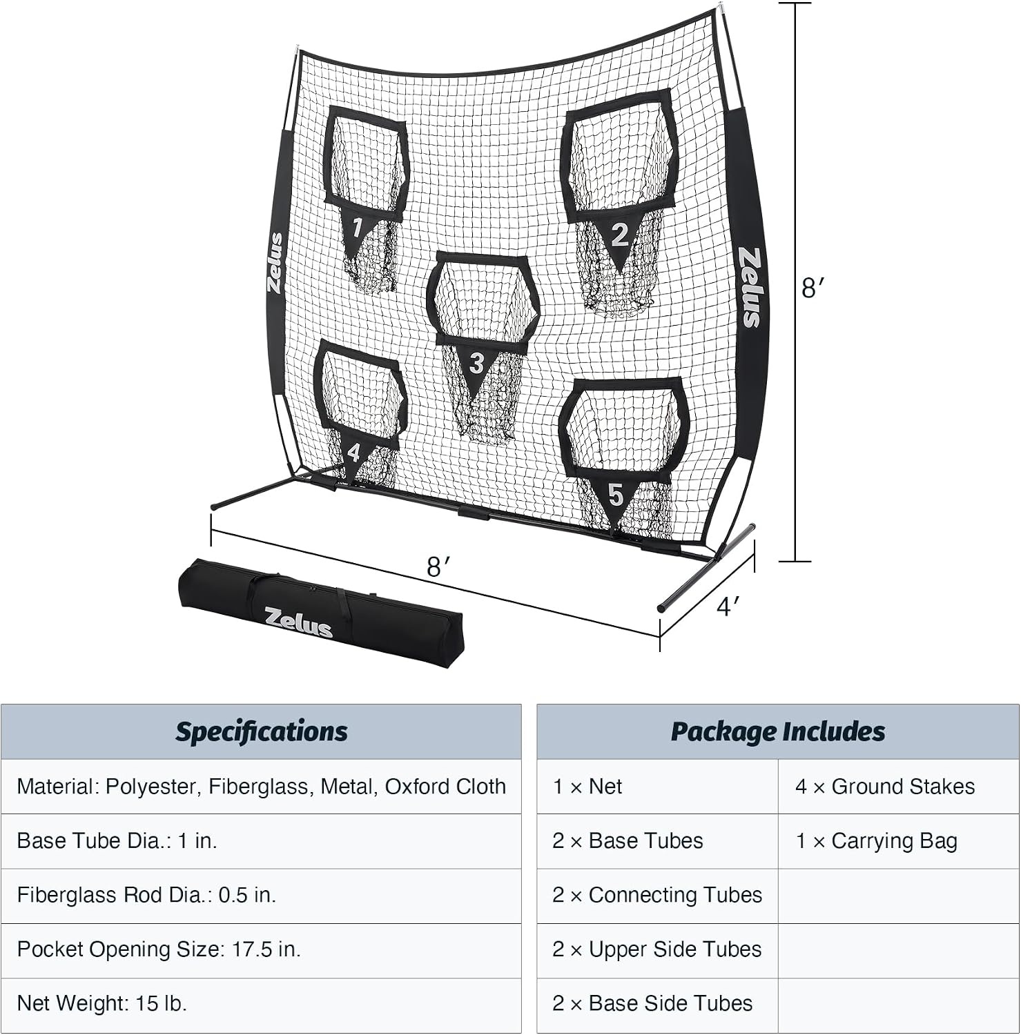 image:imageZELUS Football Throwing Net Quarterback Training Equipment with 5 Target Pockets Football Practice Throwing Passing Accuracy Trainer with Carry Bag Ground Stakes for Kids AdultsBlack