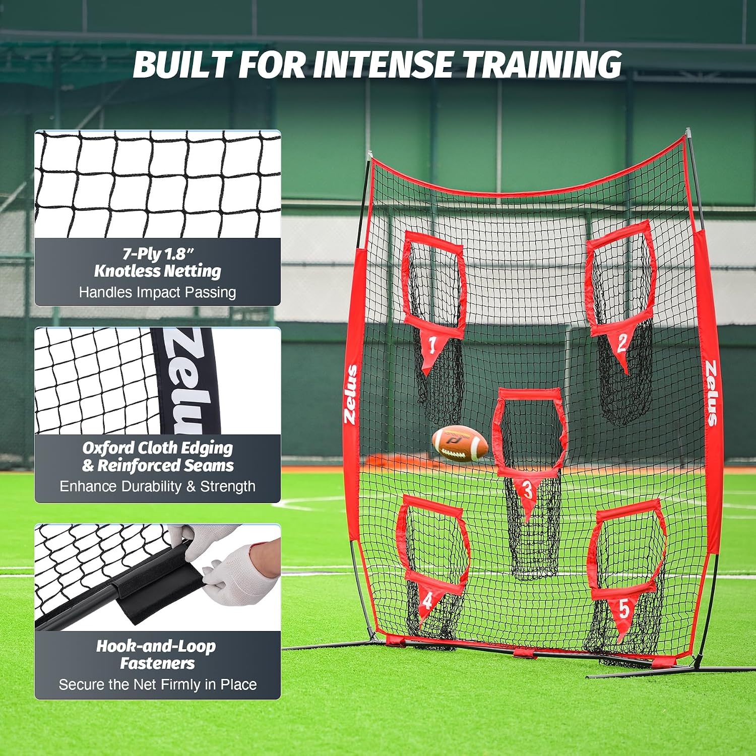 image:imageZELUS Football Throwing Net Quarterback Training Equipment with 5 Target Pockets Football Practice Throwing Passing Accuracy Trainer with Carry Bag Ground Stakes for Kids AdultsRed