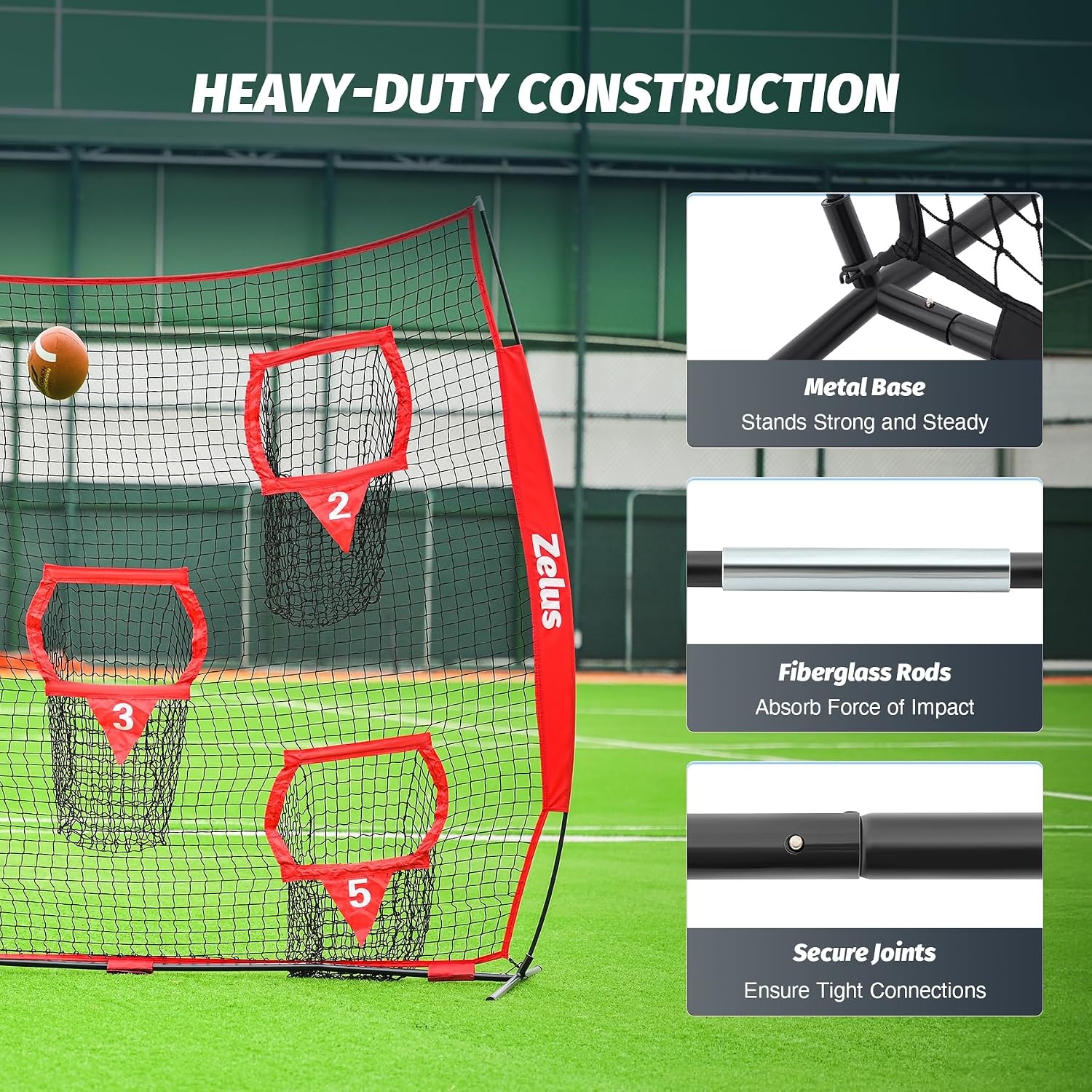 image:imageZELUS Football Throwing Net Quarterback Training Equipment with 5 Target Pockets Football Practice Throwing Passing Accuracy Trainer with Carry Bag Ground Stakes for Kids AdultsRed