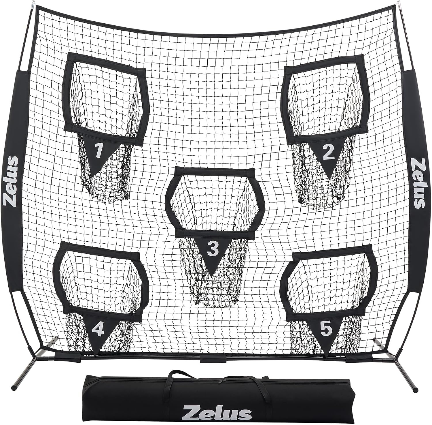 image:imageZELUS Football Throwing Net Quarterback Training Equipment with 5 Target Pockets Football Practice Throwing Passing Accuracy Trainer with Carry Bag Ground Stakes for Kids AdultsBlack