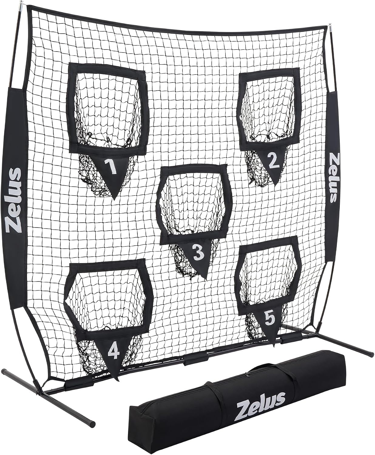 image:imageZELUS Football Throwing Net Quarterback Training Equipment with 5 Target Pockets Football Practice Throwing Passing Accuracy Trainer with Carry Bag Ground Stakes for Kids AdultsBlack