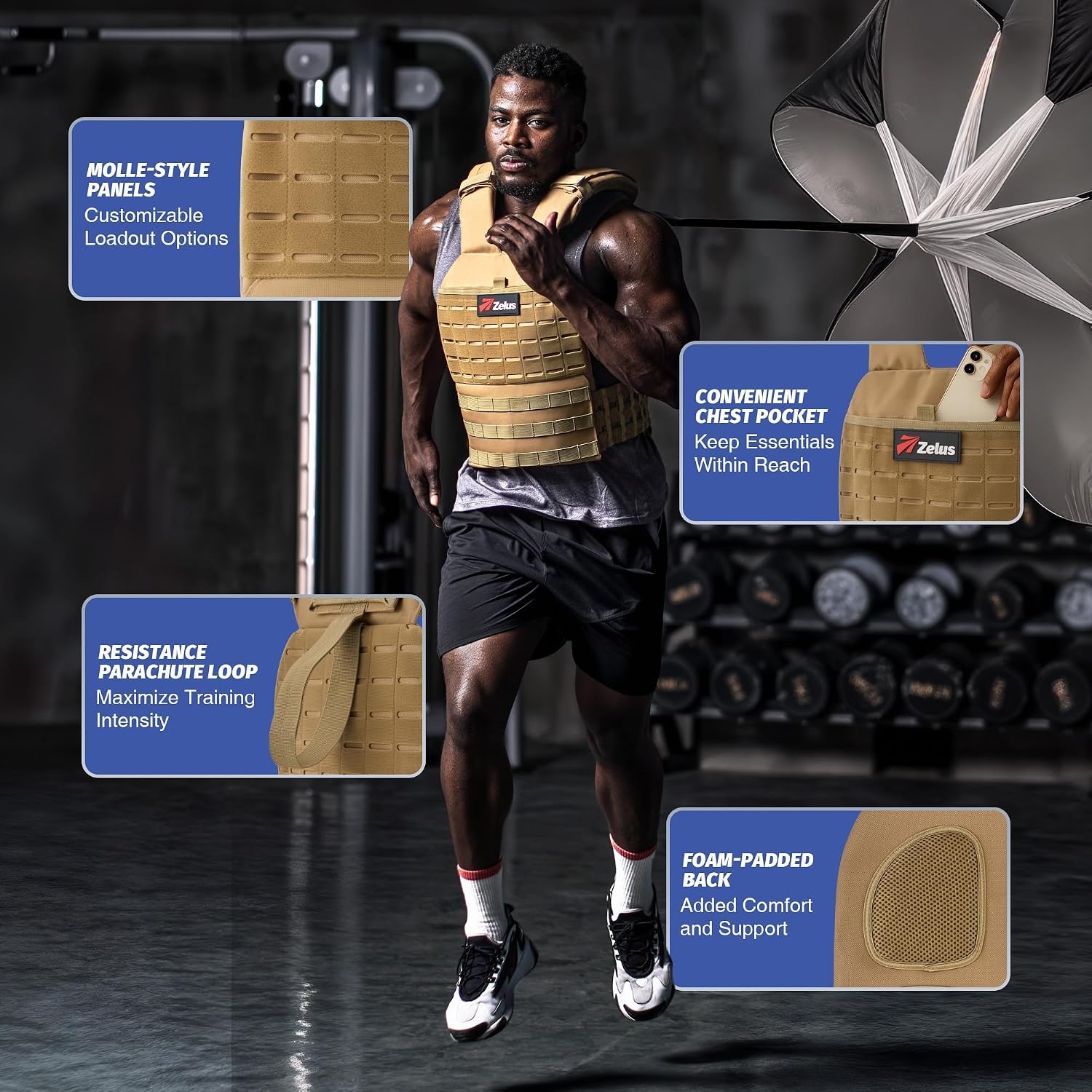 image:imageZELUS Weighted Plate Carrier Vest Tactical Adjustable Weighted Vest for Men Women Holds Up to 65lb for Strength Rucking Training Workout Running Vest with MOLLE PanelsKhaki267lb