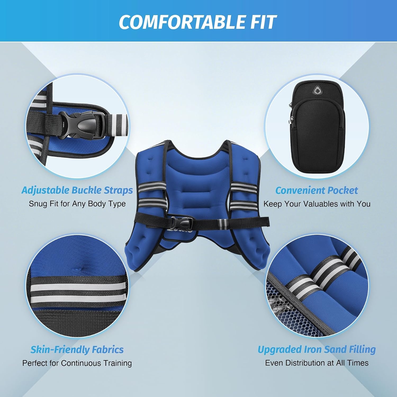 image:imageZELUS Weighted Vest 6lb8lb12lb16lb20lb25lb30lb Weight Vest with Reflective Stripe for Workout Strength Training Running Fitness Muscle Building Weight Loss WeightliftingBlue