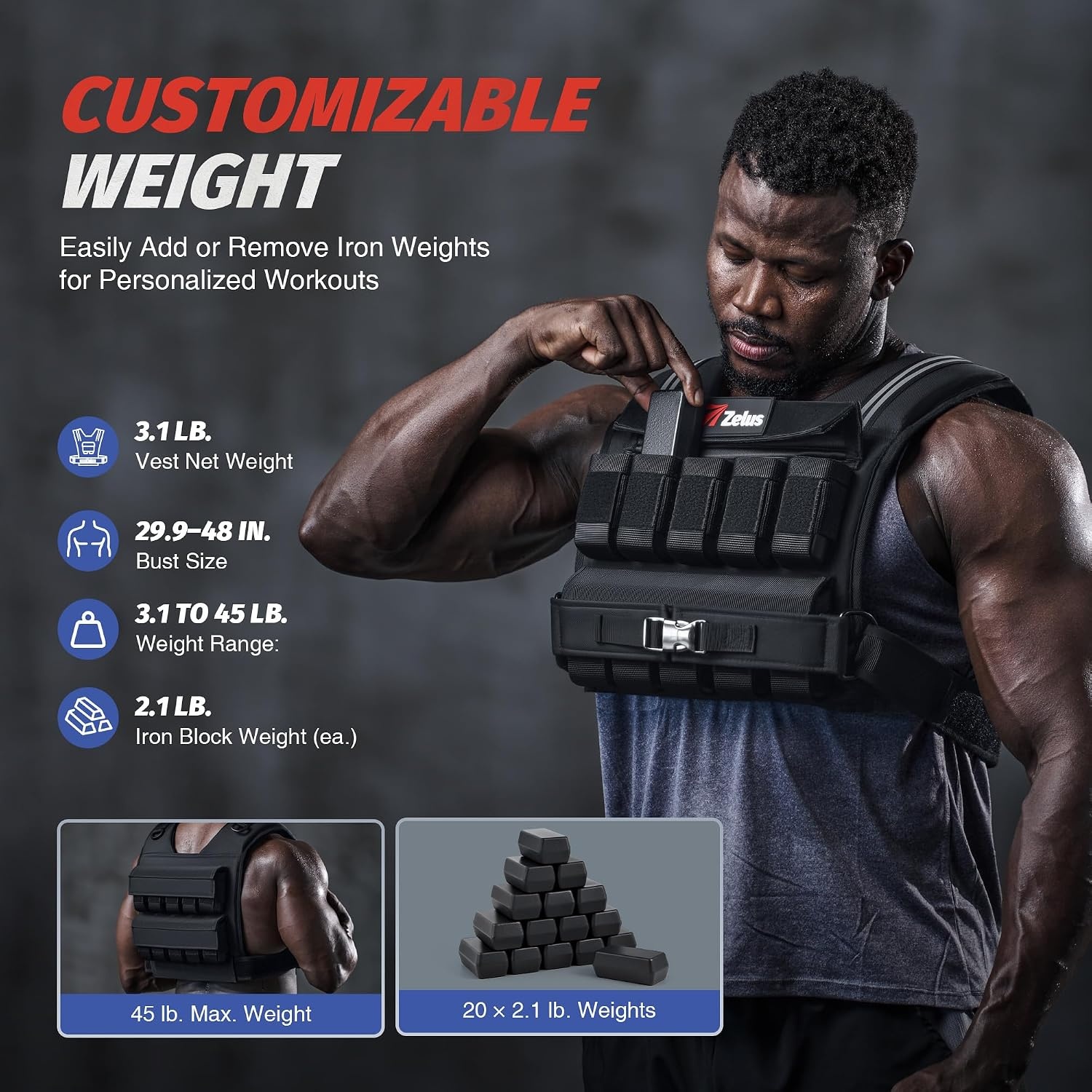 image:imageZELUS Weighted Vest Men 23lbs36lbs45lbs Adjustable Weight Vest Removable Iron Weights Reflective Stripe NoBounce Design Hand Washable Strength Training Running HIIT amp CalisthenicsBlack