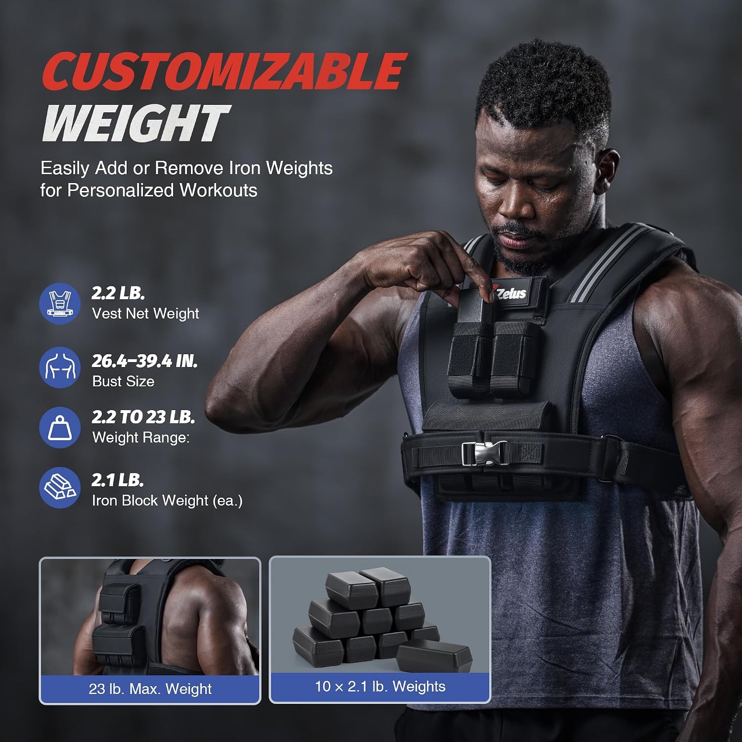 image:imageZELUS Weighted Vest Men 23lbs36lbs45lbs Adjustable Weight Vest Removable Iron Weights Reflective Stripe NoBounce Design Hand Washable Strength Training Running HIIT amp CalisthenicsBlack