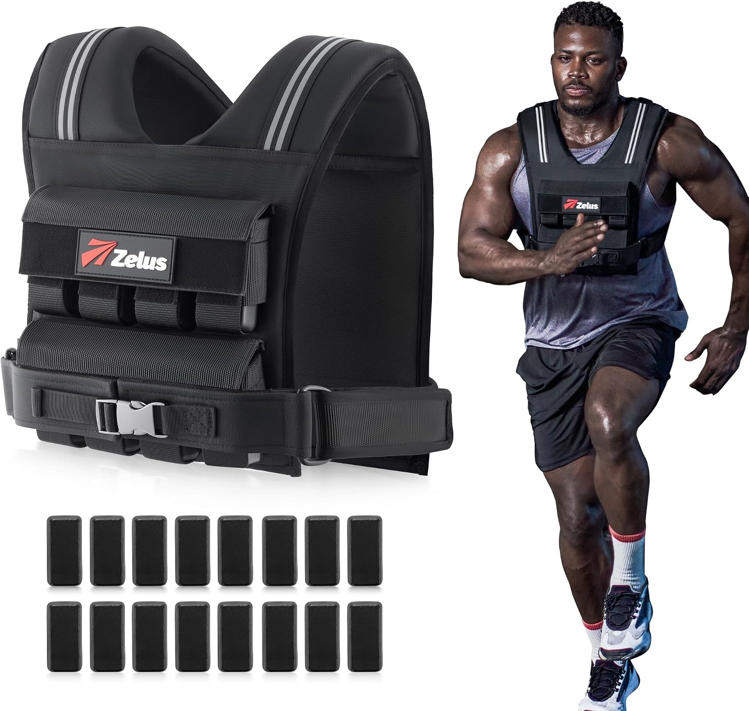 image:imageZELUS Weighted Vest Men 23lbs36lbs45lbs Adjustable Weight Vest Removable Iron Weights Reflective Stripe NoBounce Design Hand Washable Strength Training Running HIIT amp CalisthenicsBlack