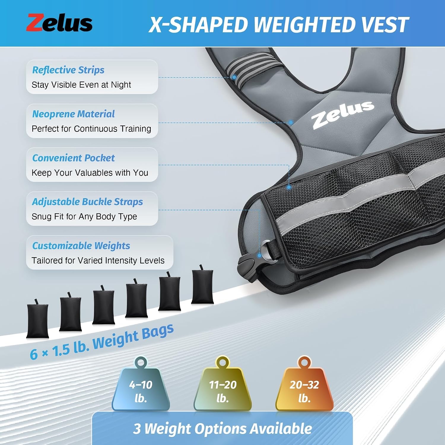 image:imageZELUS Weighted Vest for Men and Women 410lb1120lb2032lb Vest with 6 Ironsand Weights for Home Workouts Adjustable Body Weight Vest Exercise Set for Cardio and Strength TrainingGray
