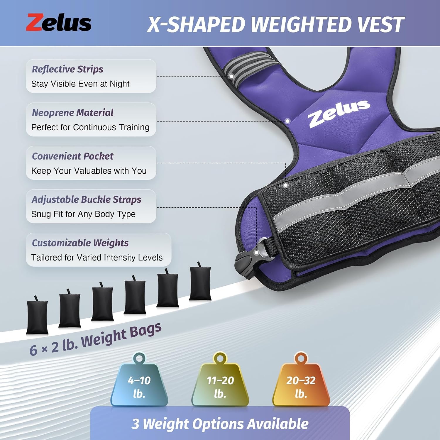 image:imageZELUS Weighted Vest for Men and Women 410lb1120lb2032lb Vest with 6 Ironsand Weights for Home Workouts Adjustable Body Weight Vest Exercise Set for Cardio and Strength TrainingViolet