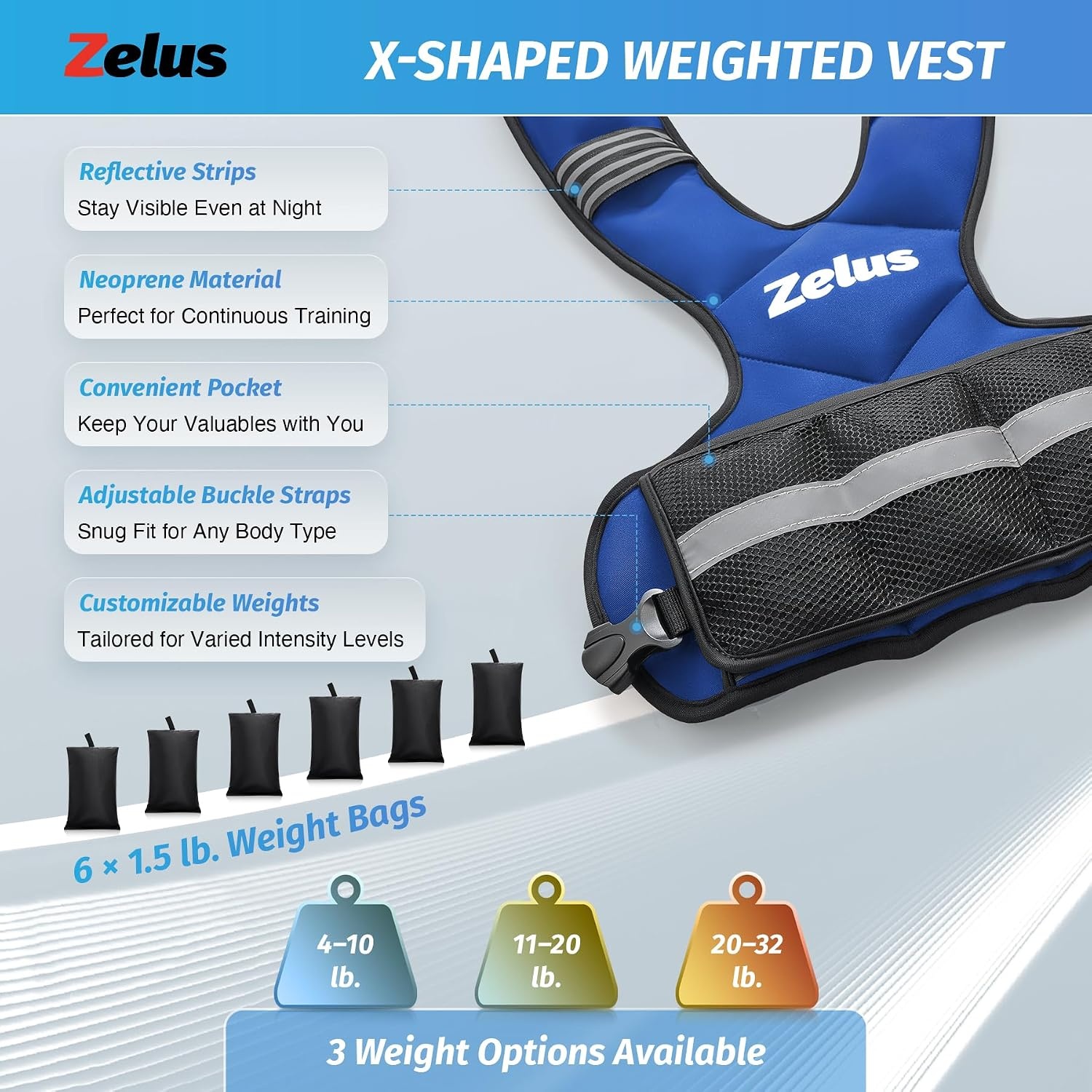 image:imageZELUS Weighted Vest for Men and Women 410lb1120lb2032lb Vest with 6 Ironsand Weights for Home Workouts Adjustable Body Weight Vest Exercise Set for Cardio and Strength TrainingBlue