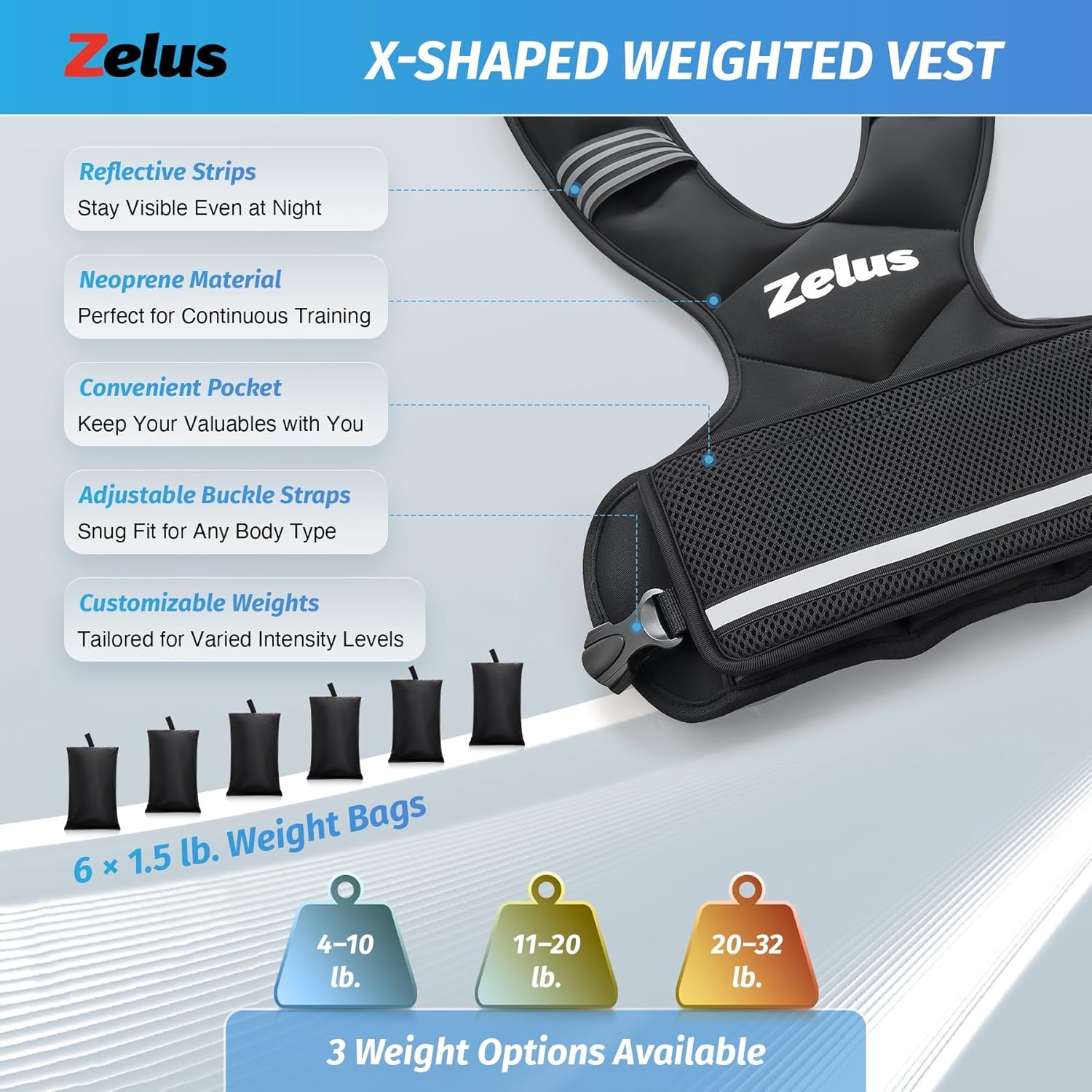 image:imageZELUS Weighted Vest for Men and Women 410lb1120lb2032lb Vest with 6 Ironsand Weights for Home Workouts Adjustable Body Weight Vest Exercise Set for Cardio and Strength TrainingBlack
