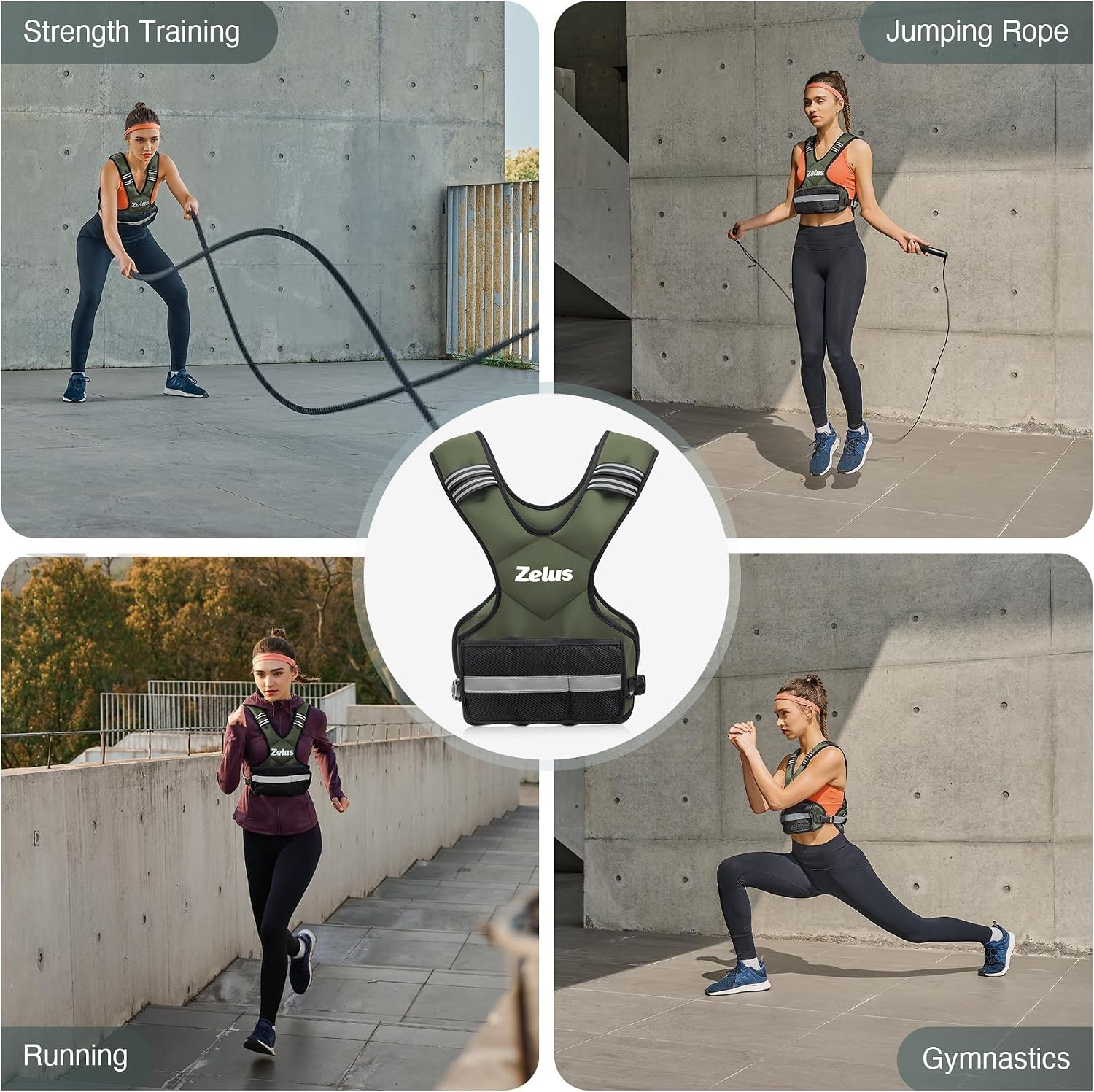 image:imageZELUS Weighted Vest for Men and Women 410lb1120lb2032lb Vest with 6 Ironsand Weights for Home Workouts Adjustable Body Weight Vest Exercise Set for Cardio and Strength TrainingGreen