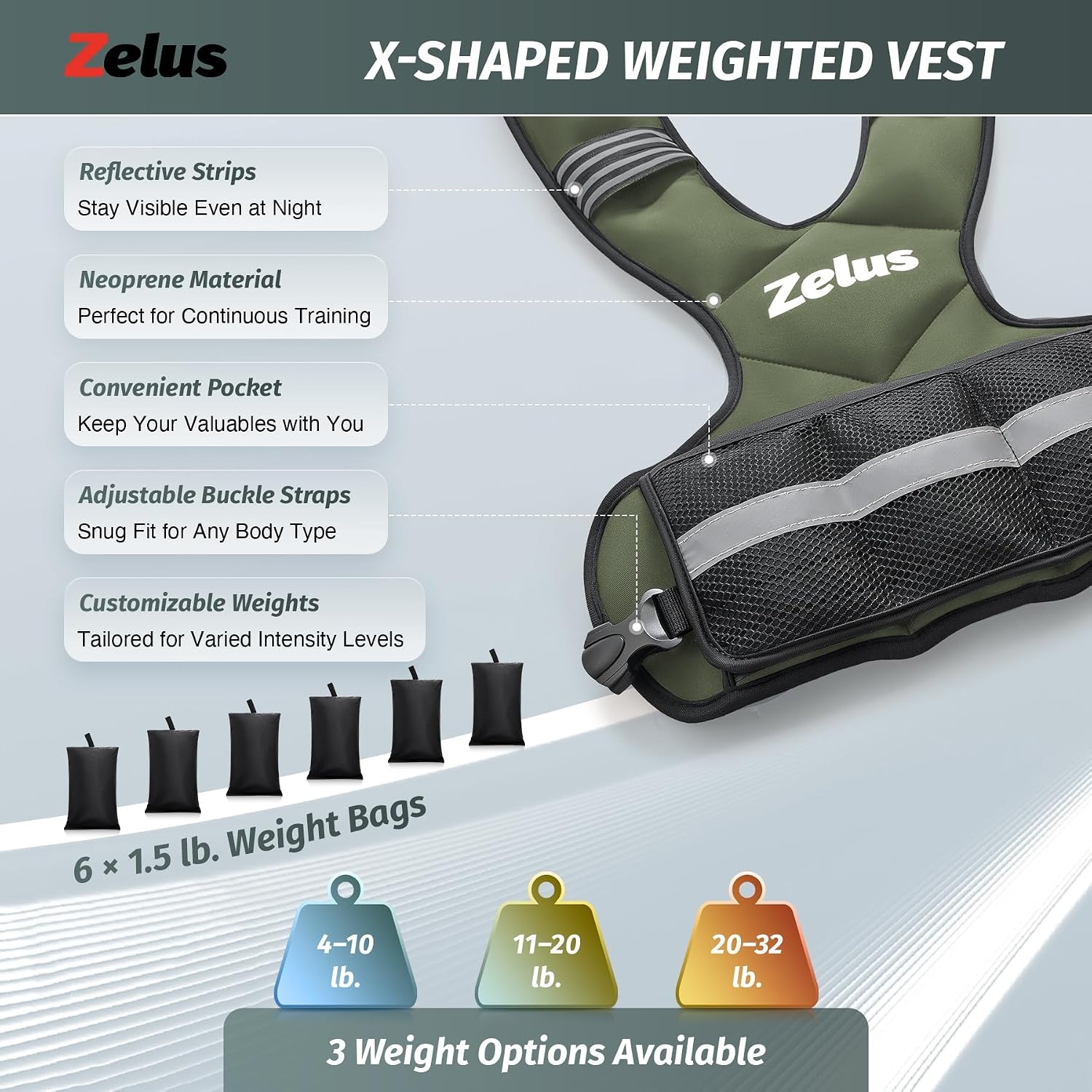 image:imageZELUS Weighted Vest for Men and Women 410lb1120lb2032lb Vest with 6 Ironsand Weights for Home Workouts Adjustable Body Weight Vest Exercise Set for Cardio and Strength TrainingGreen