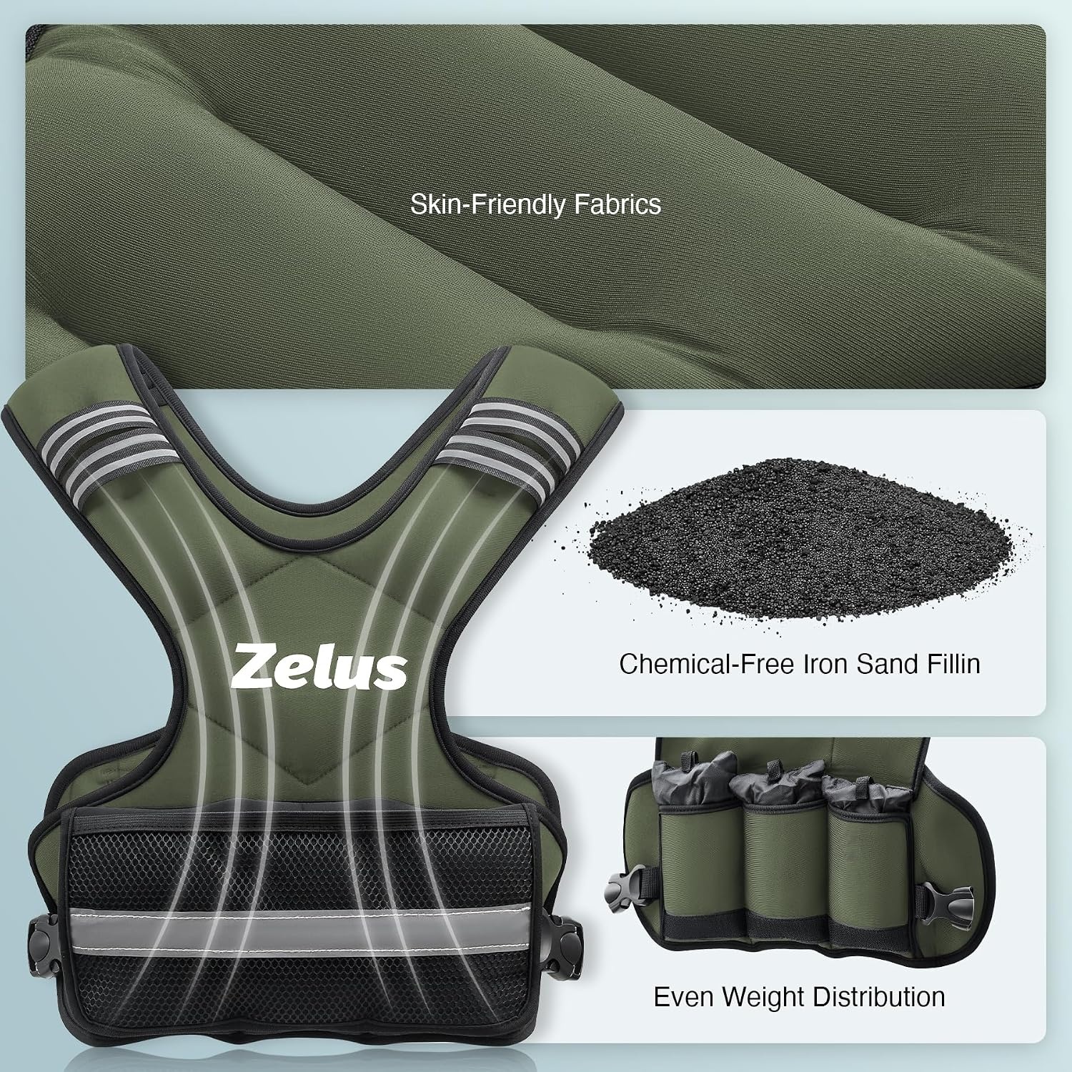 image:imageZELUS Weighted Vest for Men and Women 410lb1120lb2032lb Vest with 6 Ironsand Weights for Home Workouts Adjustable Body Weight Vest Exercise Set for Cardio and Strength TrainingGreen