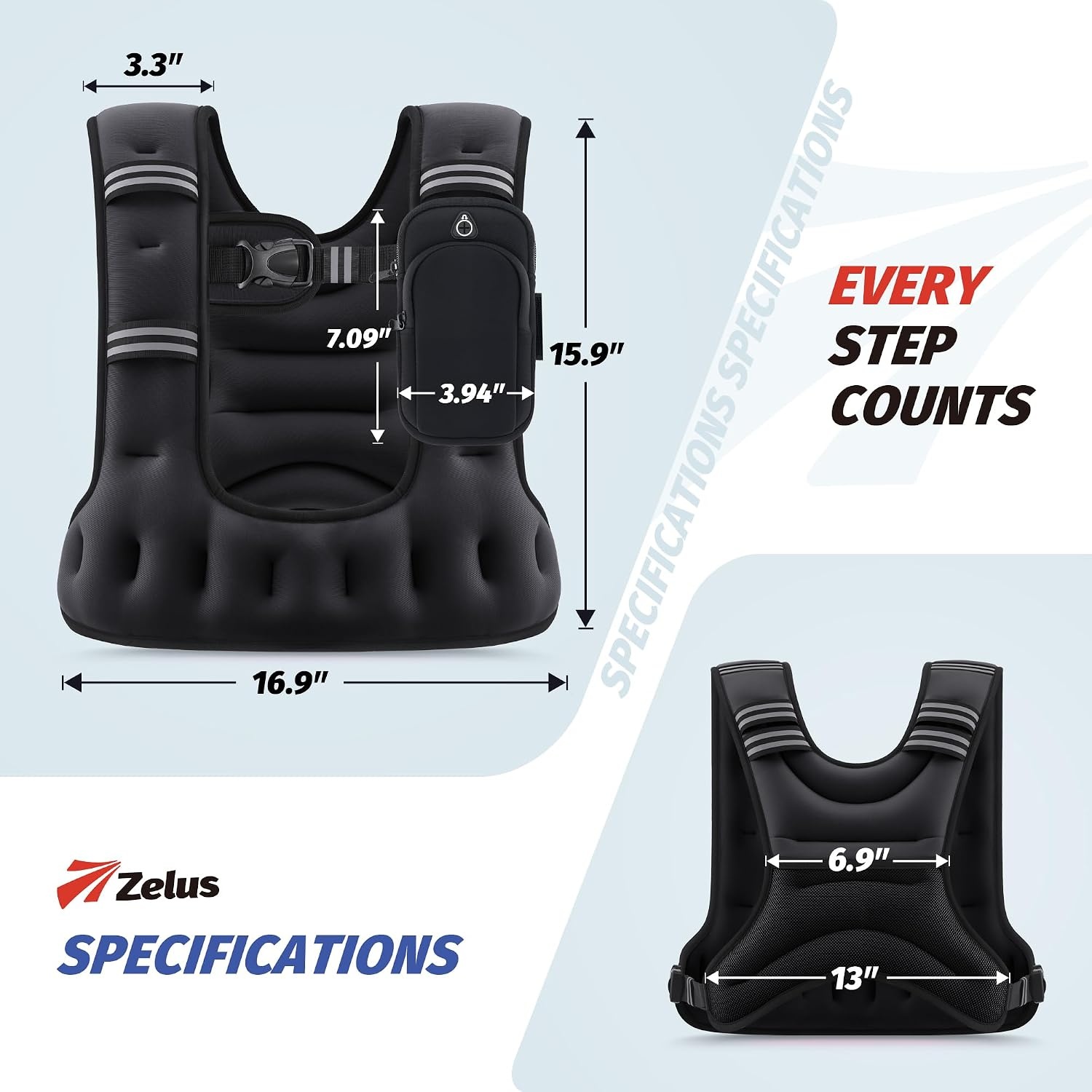 image:imageZELUS Weighted Vest for Women amp Men UShaped Running Vest with Arm Pocket SGScertified iron sand fill ergonomic Ushaped fit adjustable chest amp waist straps arm pocket reflective stripsBlack