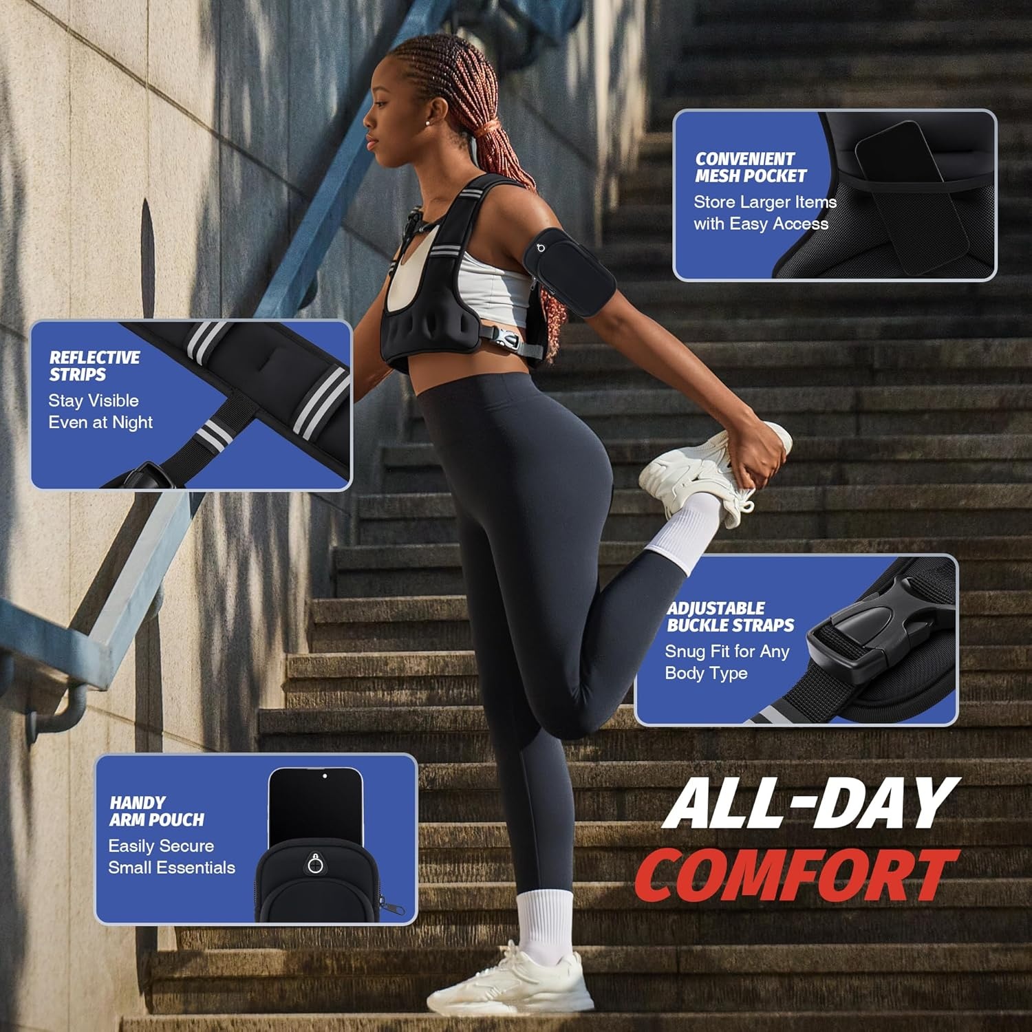 image:imageZELUS Weighted Vest for Women amp Men UShaped Running Vest with Arm Pocket SGScertified iron sand fill ergonomic Ushaped fit adjustable chest amp waist straps arm pocket reflective stripsBlack