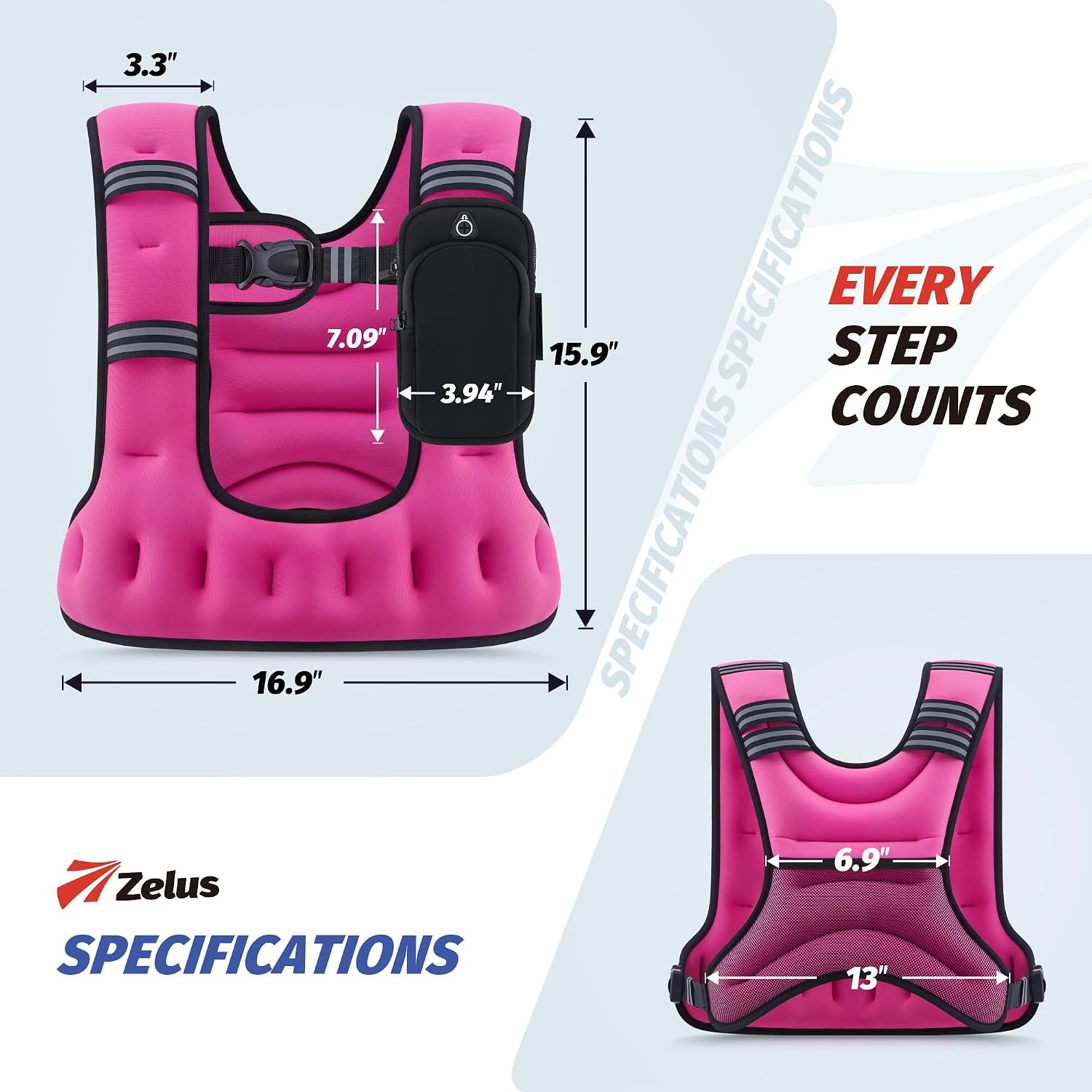 image:imageZELUS Weighted Vest for Women amp Men UShaped Running Vest with Arm Pocket SGScertified iron sand fill ergonomic Ushaped fit adjustable chest amp waist straps arm pocket reflective stripsPink