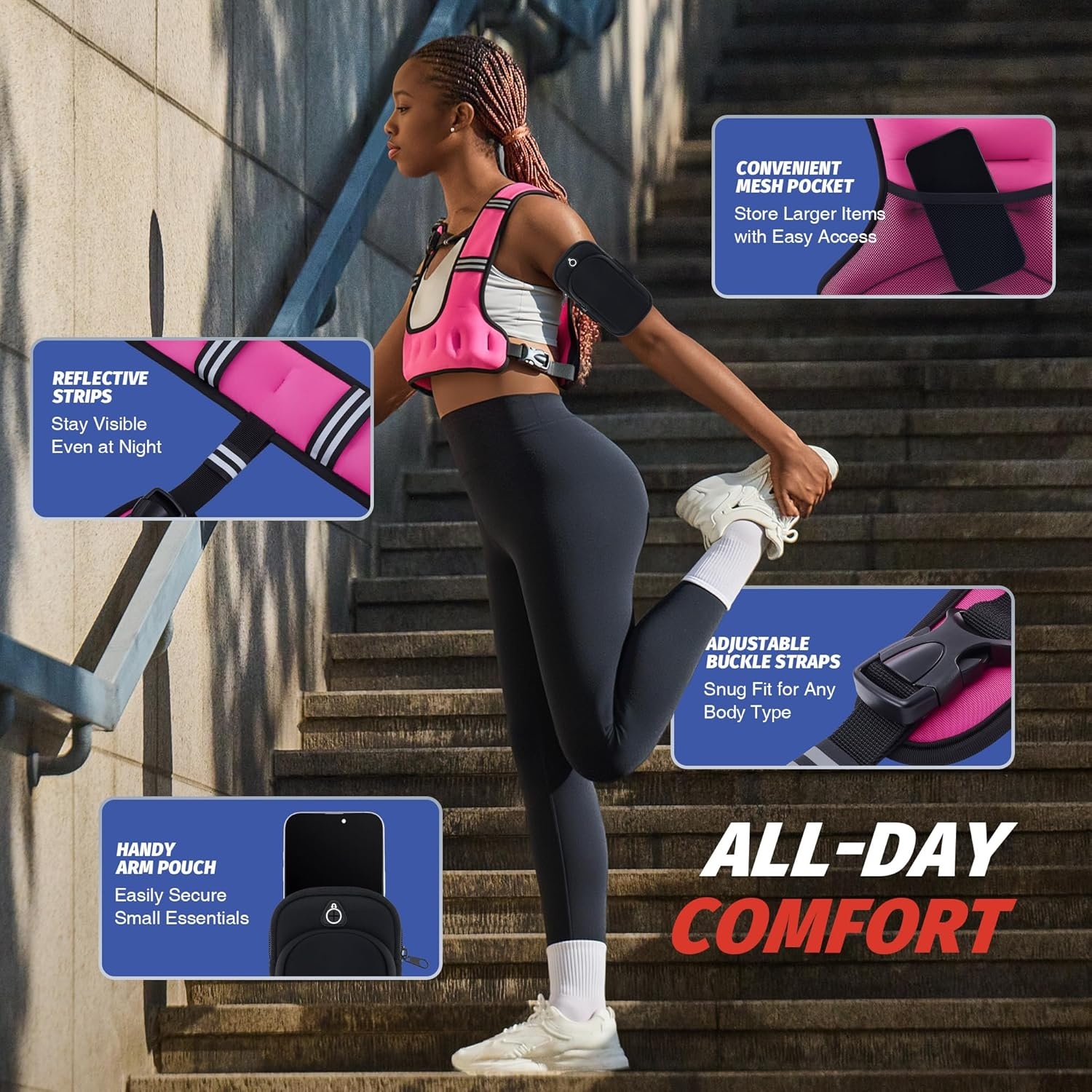 image:imageZELUS Weighted Vest for Women amp Men UShaped Running Vest with Arm Pocket SGScertified iron sand fill ergonomic Ushaped fit adjustable chest amp waist straps arm pocket reflective stripsPink