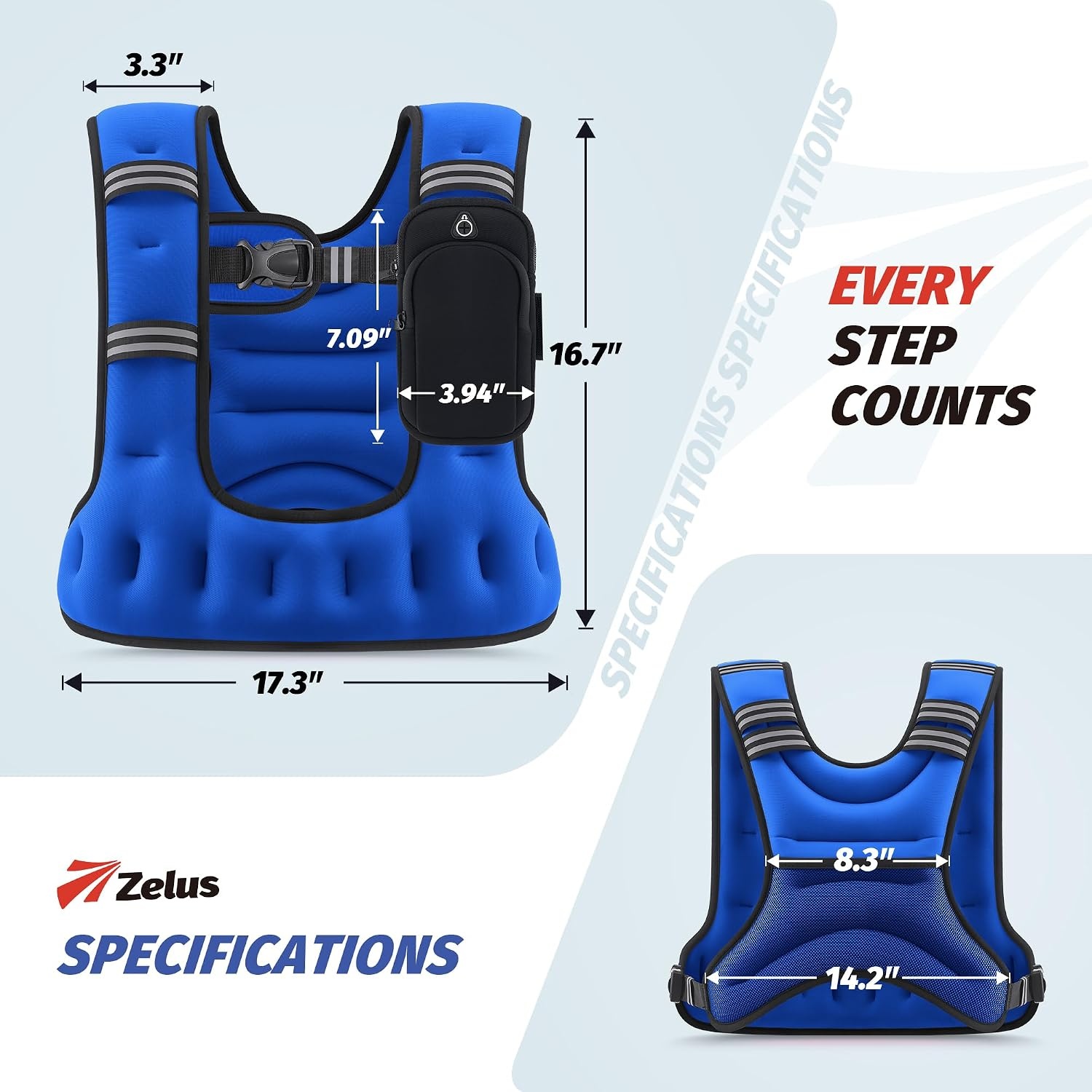image:imageZELUS Weighted Vest for Women amp Men UShaped Running Vest with Arm Pocket SGScertified iron sand fill ergonomic Ushaped fit adjustable chest amp waist straps arm pocket reflective stripsBlue