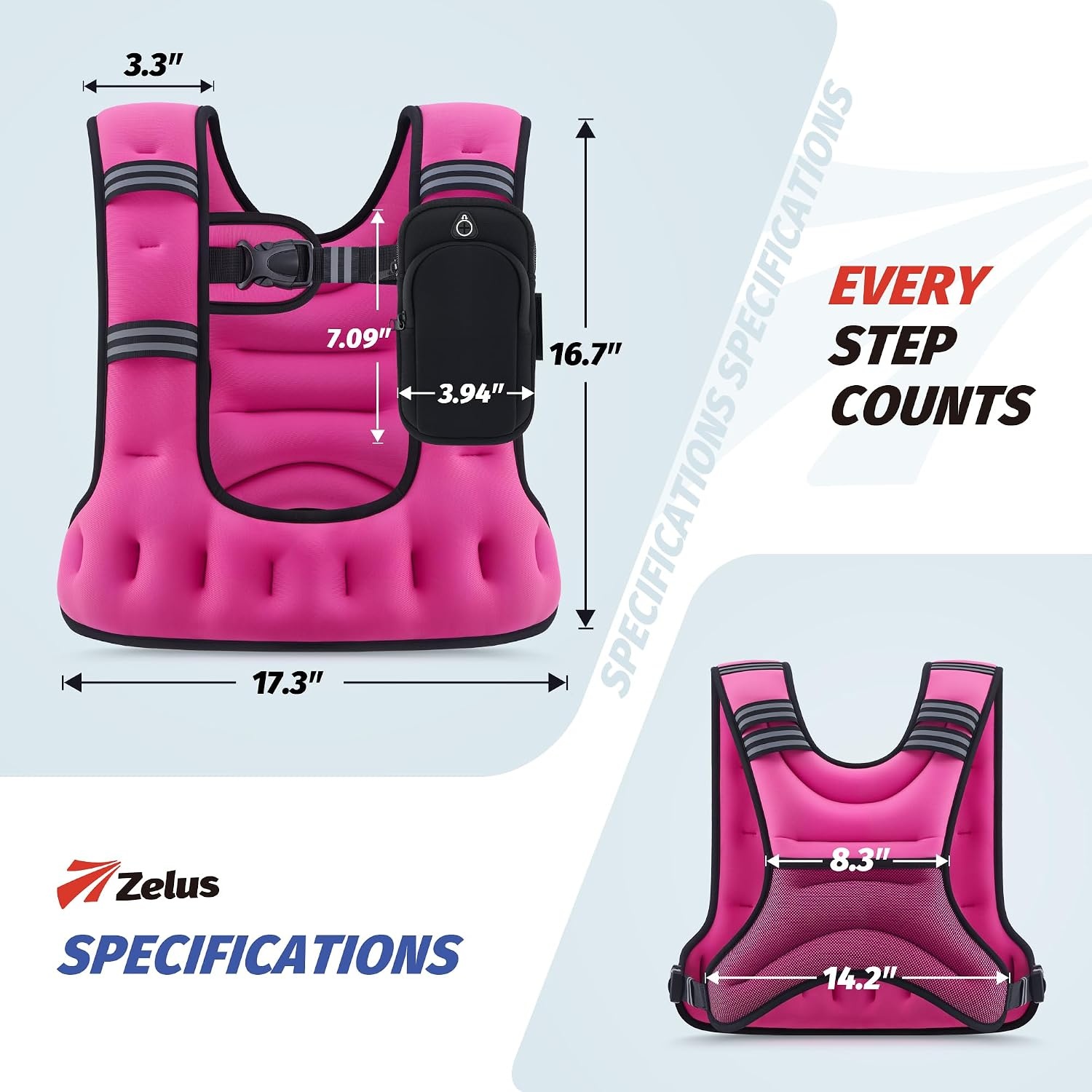 image:imageZELUS Weighted Vest for Women amp Men UShaped Running Vest with Arm Pocket SGScertified iron sand fill ergonomic Ushaped fit adjustable chest amp waist straps arm pocket reflective stripsPink