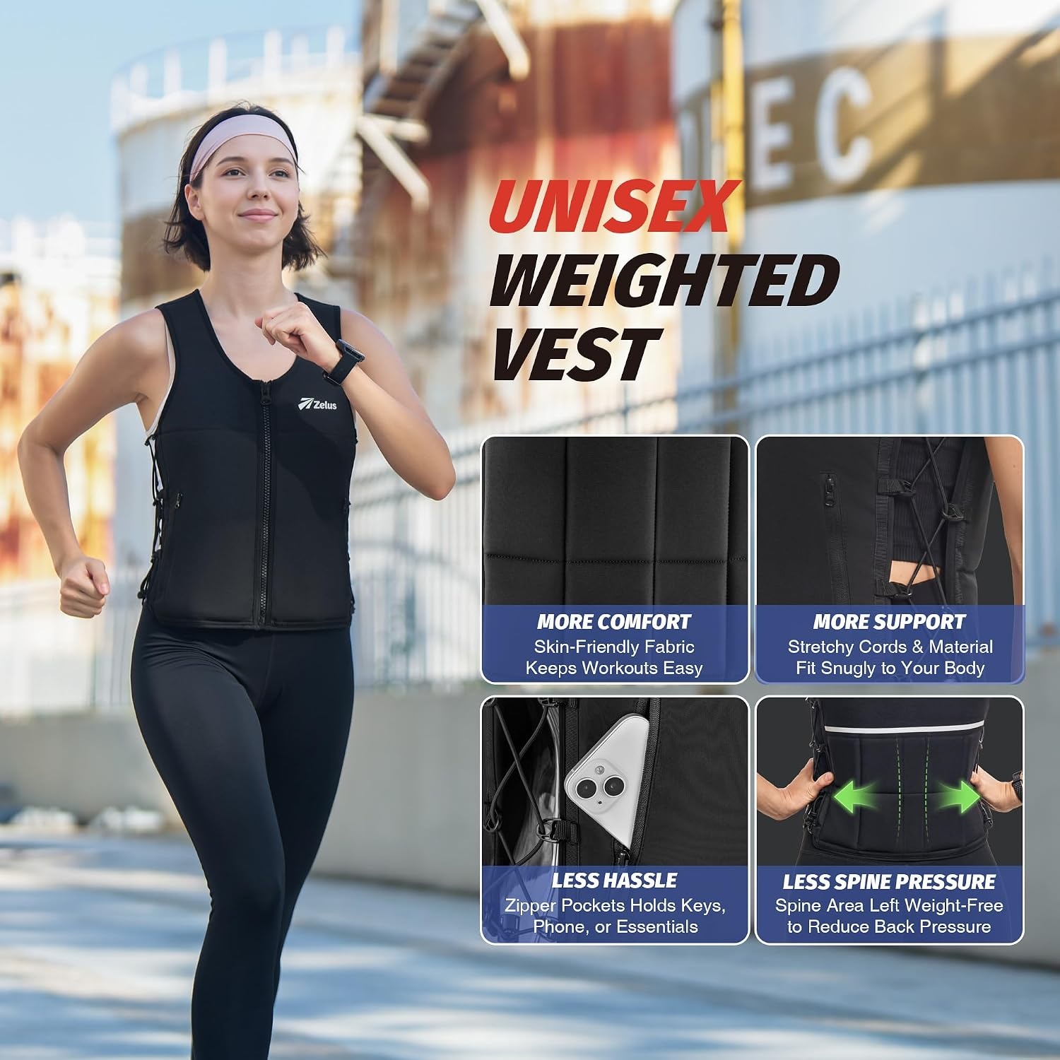 image:imageZelus Weighted Vest for Women Men Adjustable ZFit Slim Weight Vest 115lb Removable ZFit Soft Iron Weights Machine Washable Reflective amp Pocket DesignWalking Running Strength Training Weight LossBlack