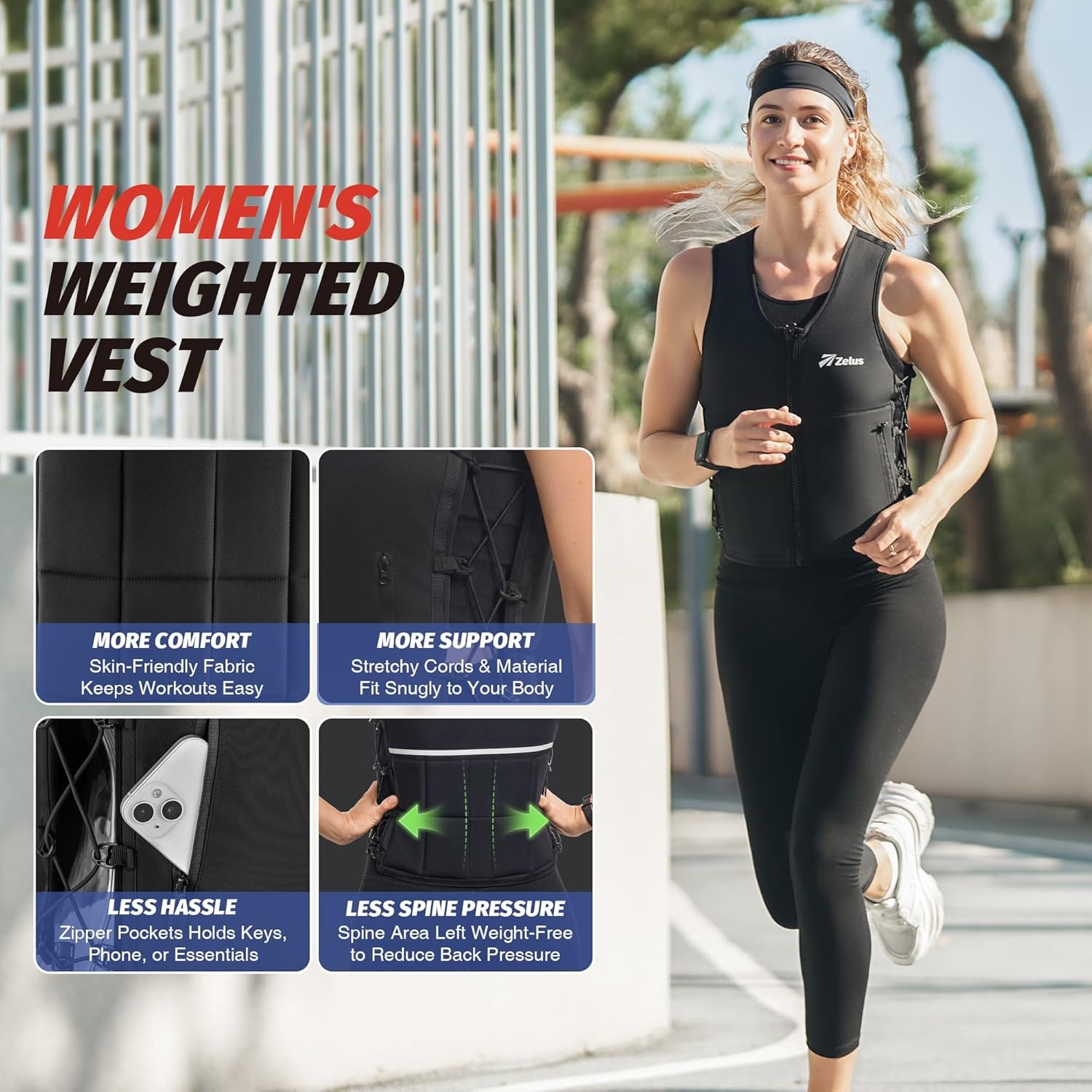 image:imageZelus Weighted Vest for Women Men Adjustable ZFit Slim Weight Vest 115lb Removable ZFit Soft Iron Weights Machine Washable Reflective amp Pocket DesignWalking Running Strength Training Weight LossBlack